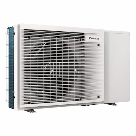 Eine weiße Monoblock-Wärmepumpe. Gut sichtbar ist der Ventilator hinter dem Gitter