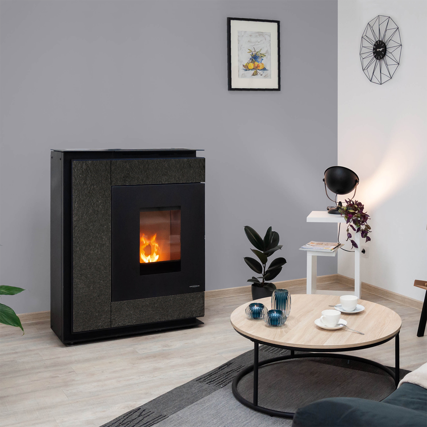 Oranier Boreas Aqua Wasserführender Pelletofen Sintered Stone Schiefer, Rauchabgang hinten Oranier Boreas Aqua Wasserführender Pelletofen Sintered Stone Schiefer, Rauchabgang hinten