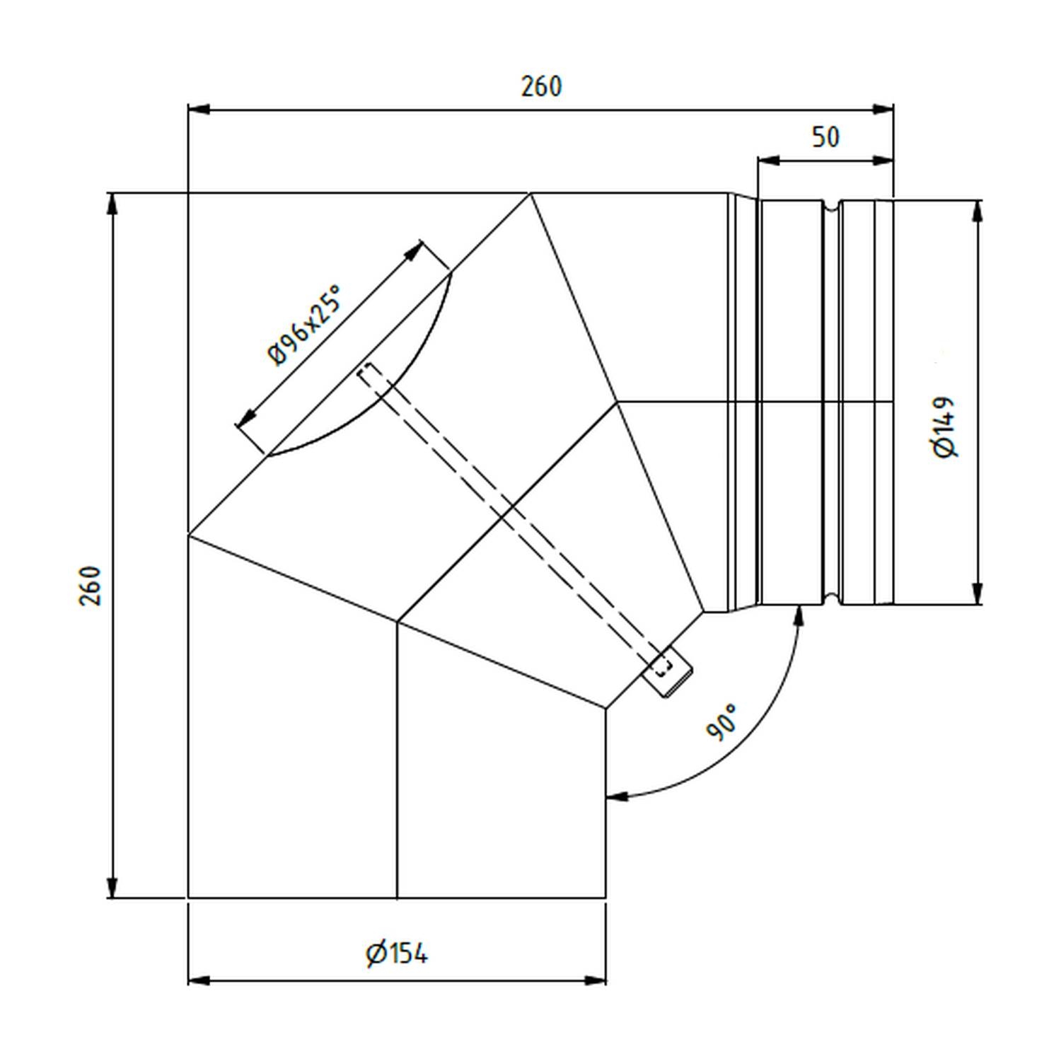 Raik Lifestyle Bogen Durchmesser 150/90° 2,00mm eingezogen 3-tlg mit eingelegter Tür mit Dichtung schwarz für Rauchrohr/ Ofenrohr