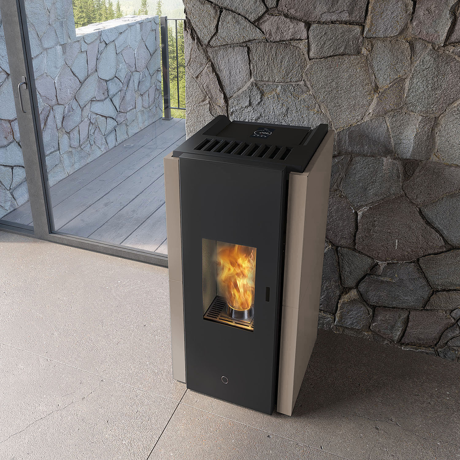 EK63 Zone80 Pelletofen Stahl Taubengrau Rauchrohr hinten