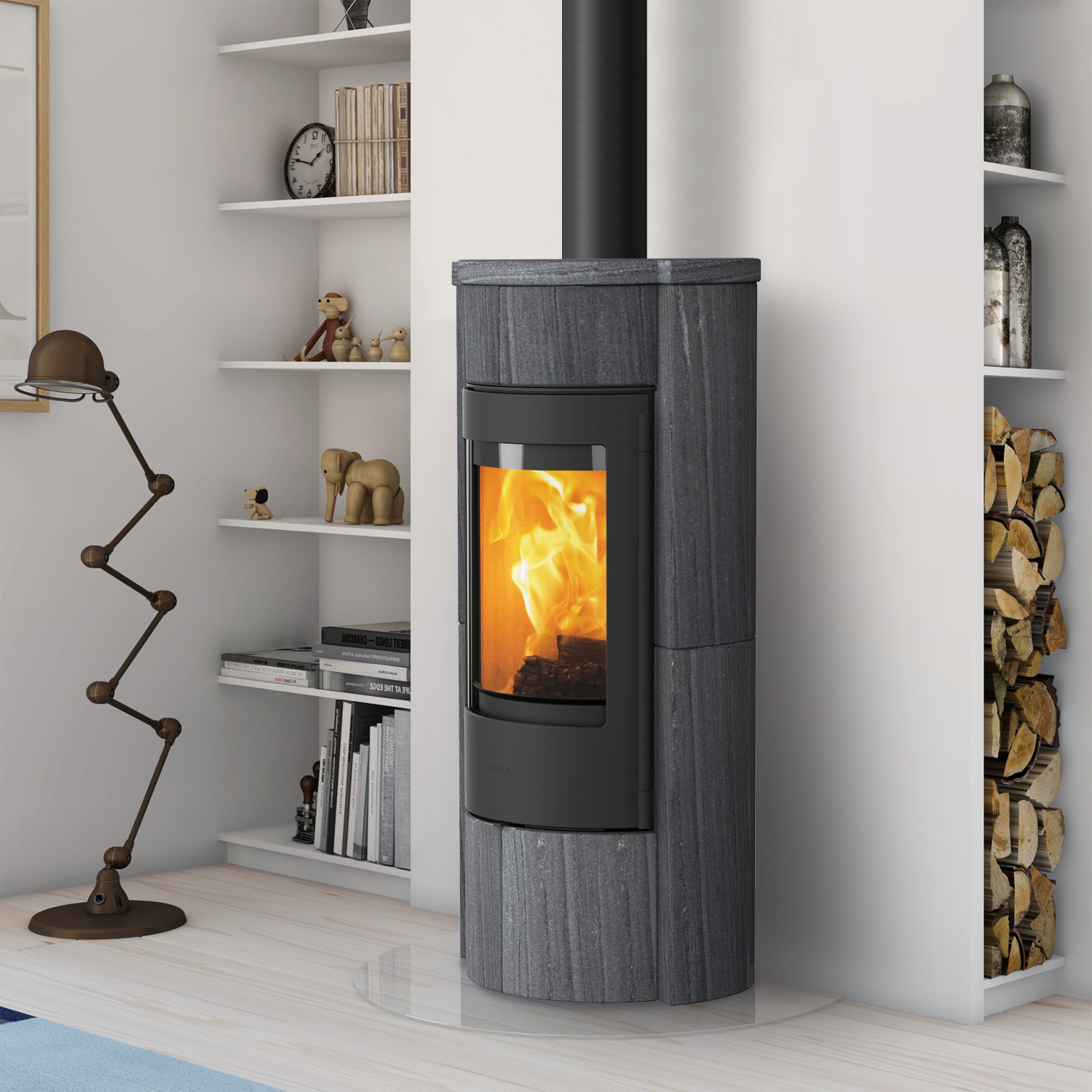 Lotus Prestige M Kaminofen Schwarz/ Indian Night, inkl. PowerStones, RR hinten od. RR oben