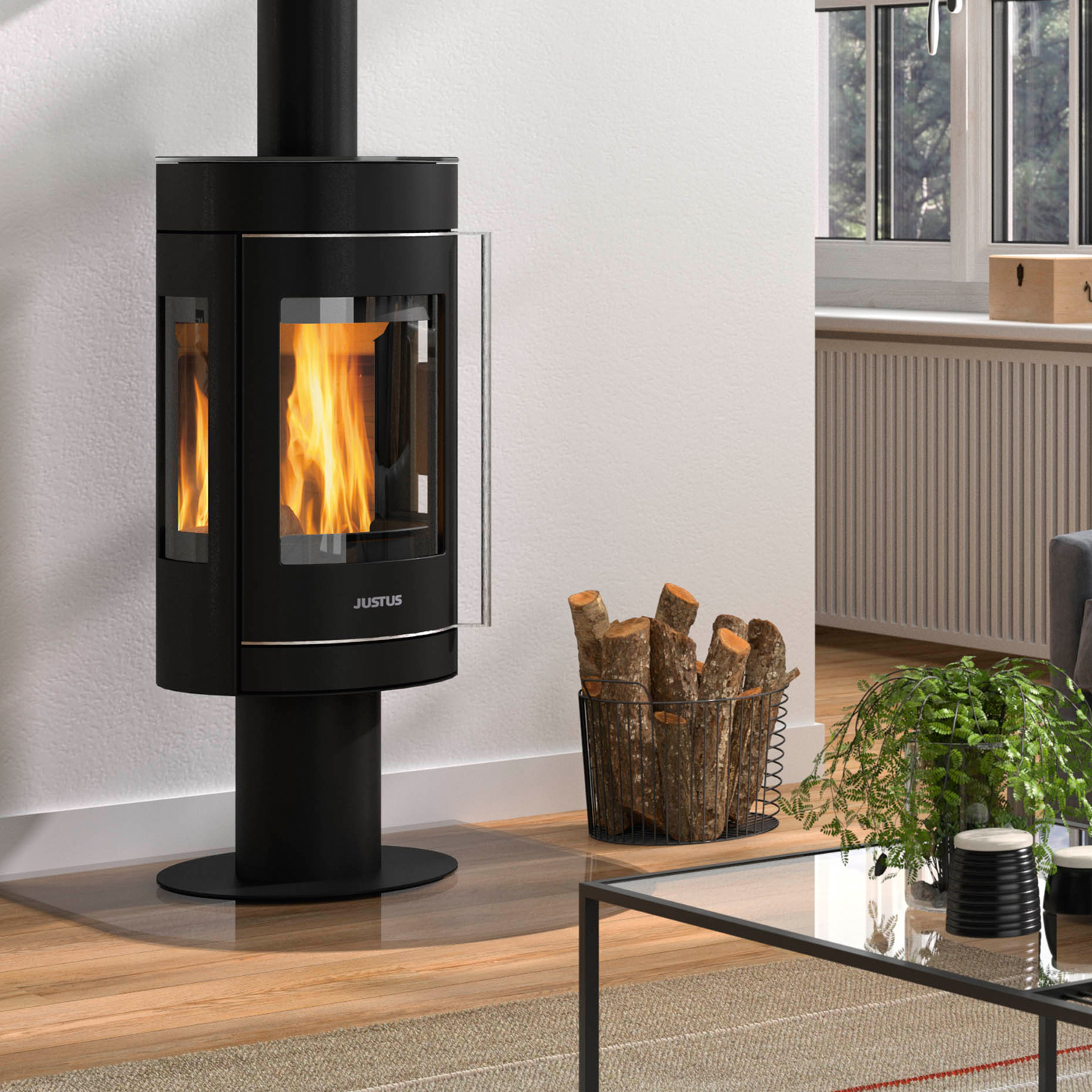 Justus Meva Kaminofen Stahl Schwarz / Topplatte Glas