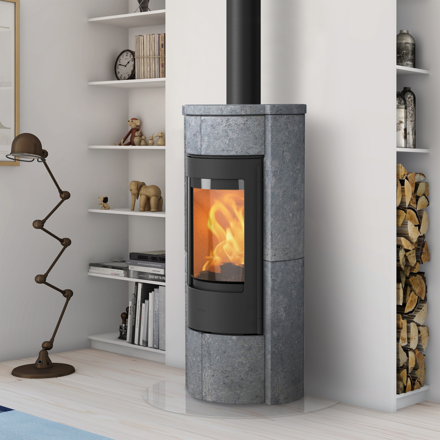 Lotus Prestige M Kaminofen Schwarz Speckstein, inkl. PowerStones, DIBt, RR oben