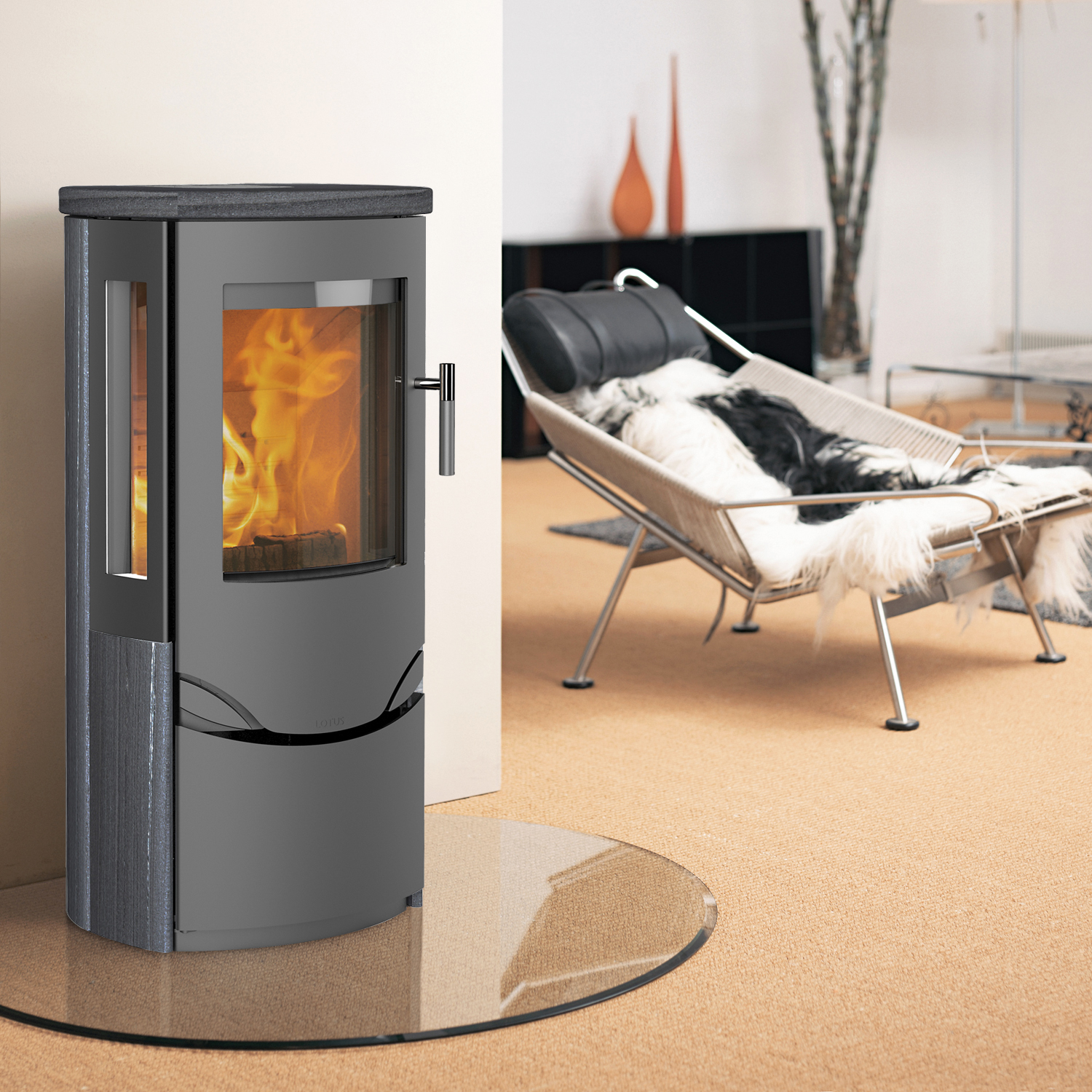 Lotus Prio 6 Kaminofen Grau/ Indian Night, Rauchabgang hinten