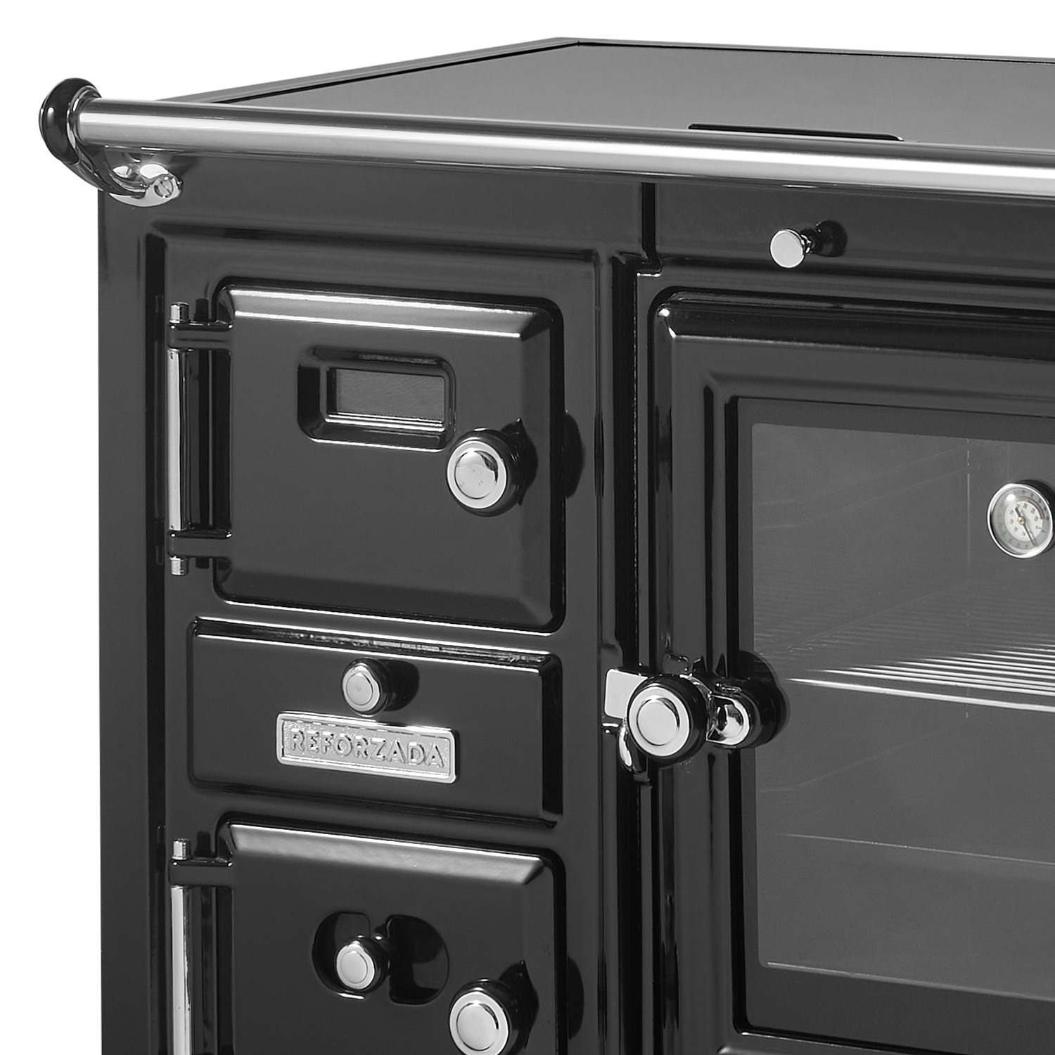 Hergom Saja 8/100 SE Küchenofen Gusseisen schwarz, Herdplatte Glaskeramik, RR hinten