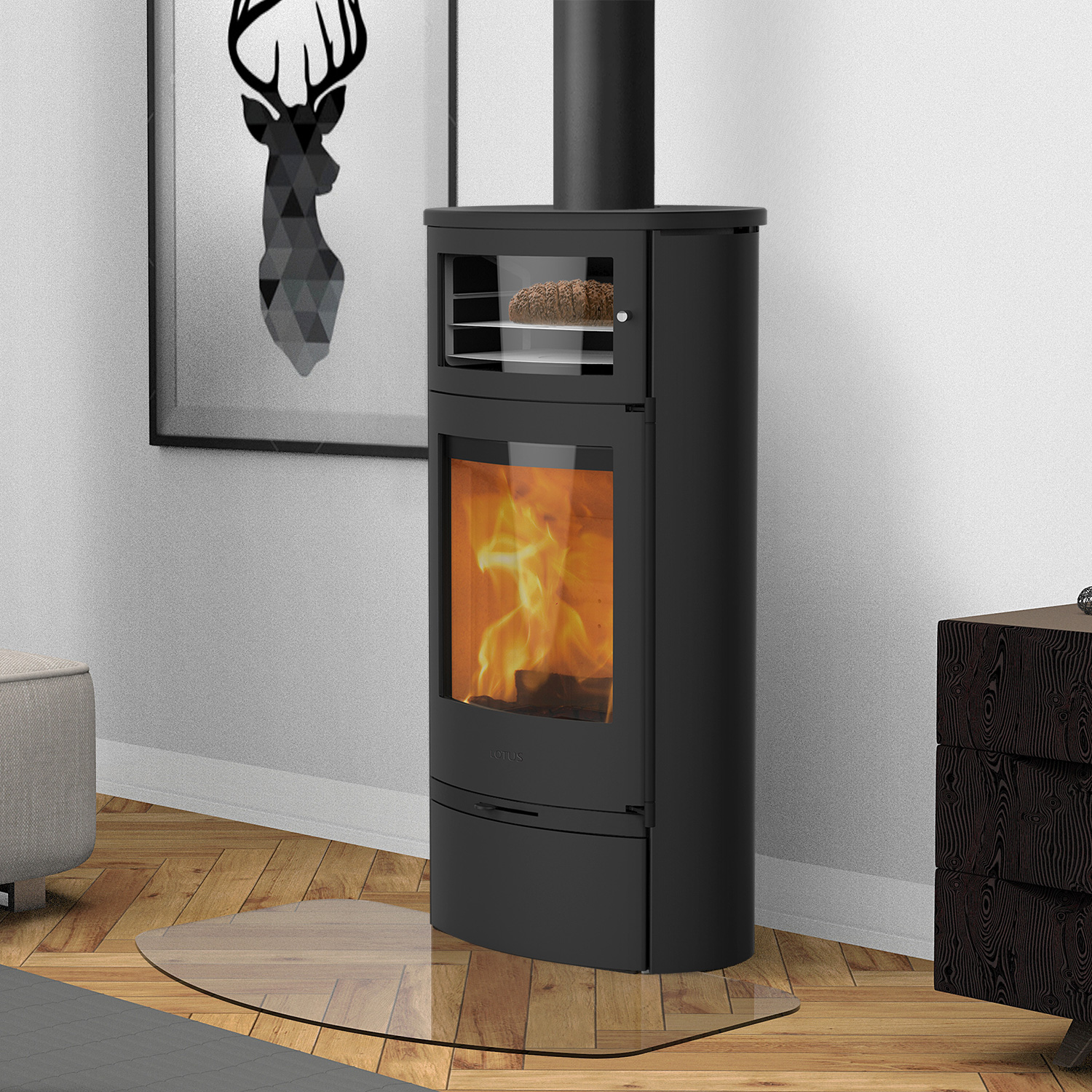 Lotus Jubilee 35 Kaminofen Schwarz mit Warmhaltefach, RR hinten od. RR oben