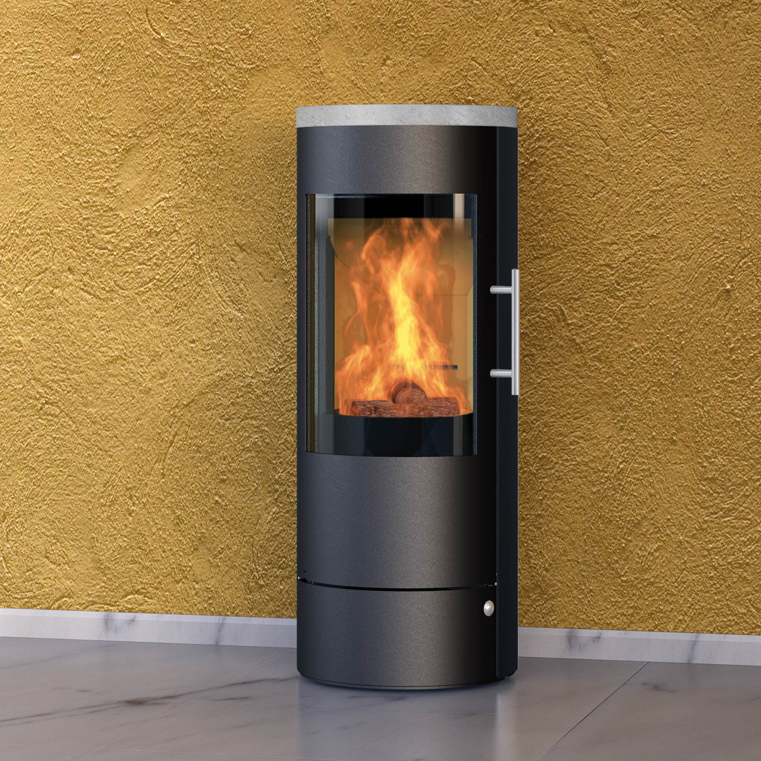 Königshütte Vela Kaminofen Stahl Schwarz | Topplatte Naturstein Serpentin