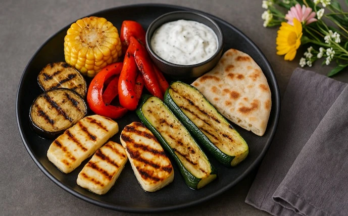 gegrilltes-gemüse-mit-dip-und-fladenbrot-auf-einem-teller-angerichtet