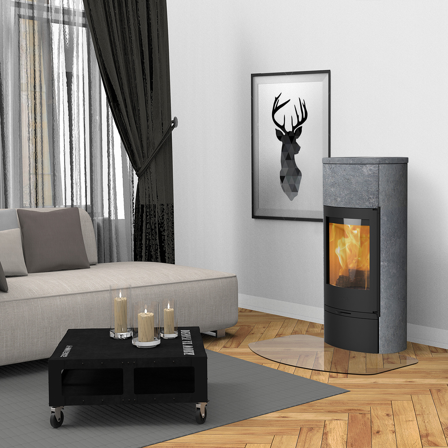 Lotus Jubilee 35M Kaminofen Schwarz/ Speckstein, Rauchabgang hinten + 1 m³ Kaminholz gratis