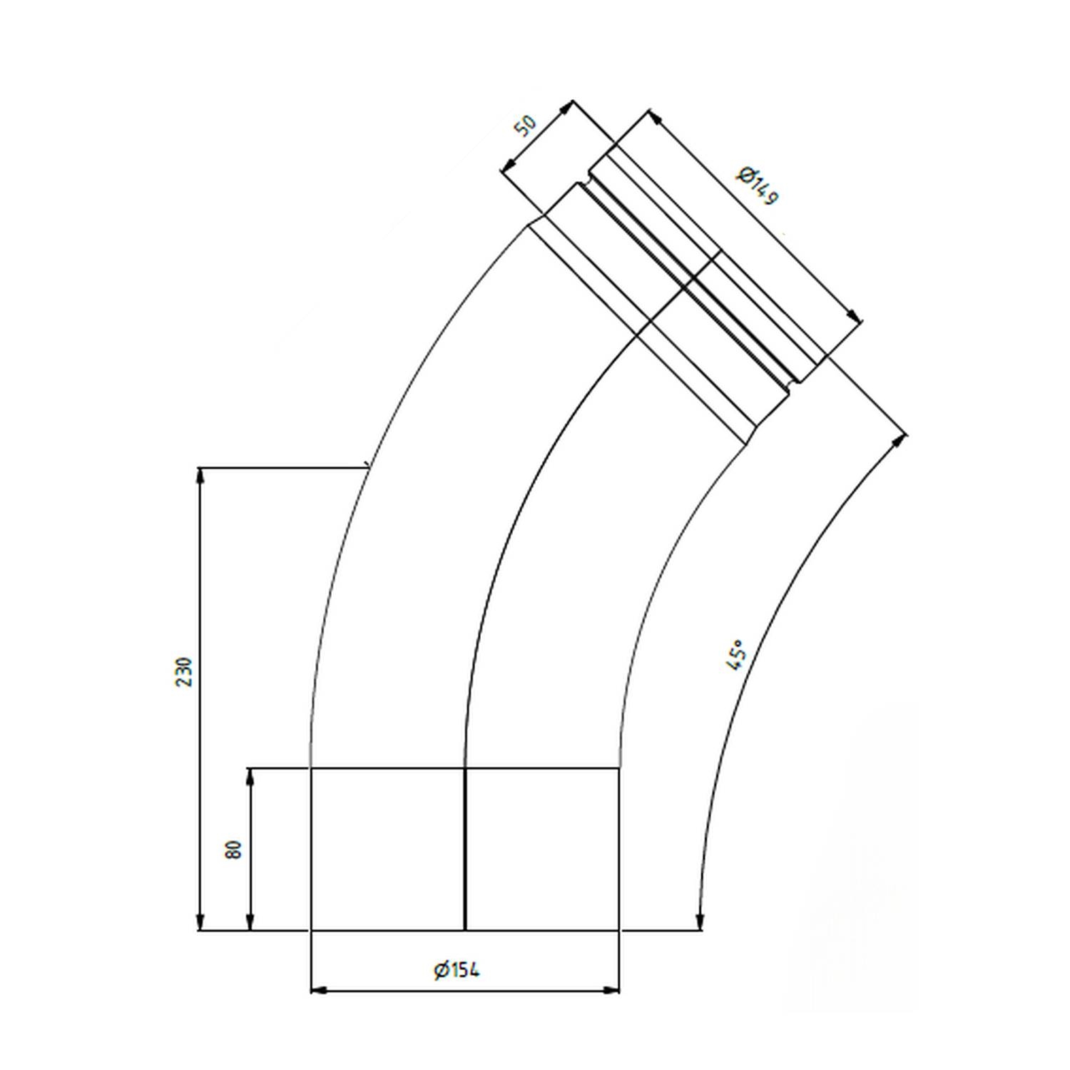 Raik Lifestyle Bogen Durchmesser 150/45° 2,00mm eingezogen glatt mit Dichtung schwarz für Rauchrohr/ Ofenrohr