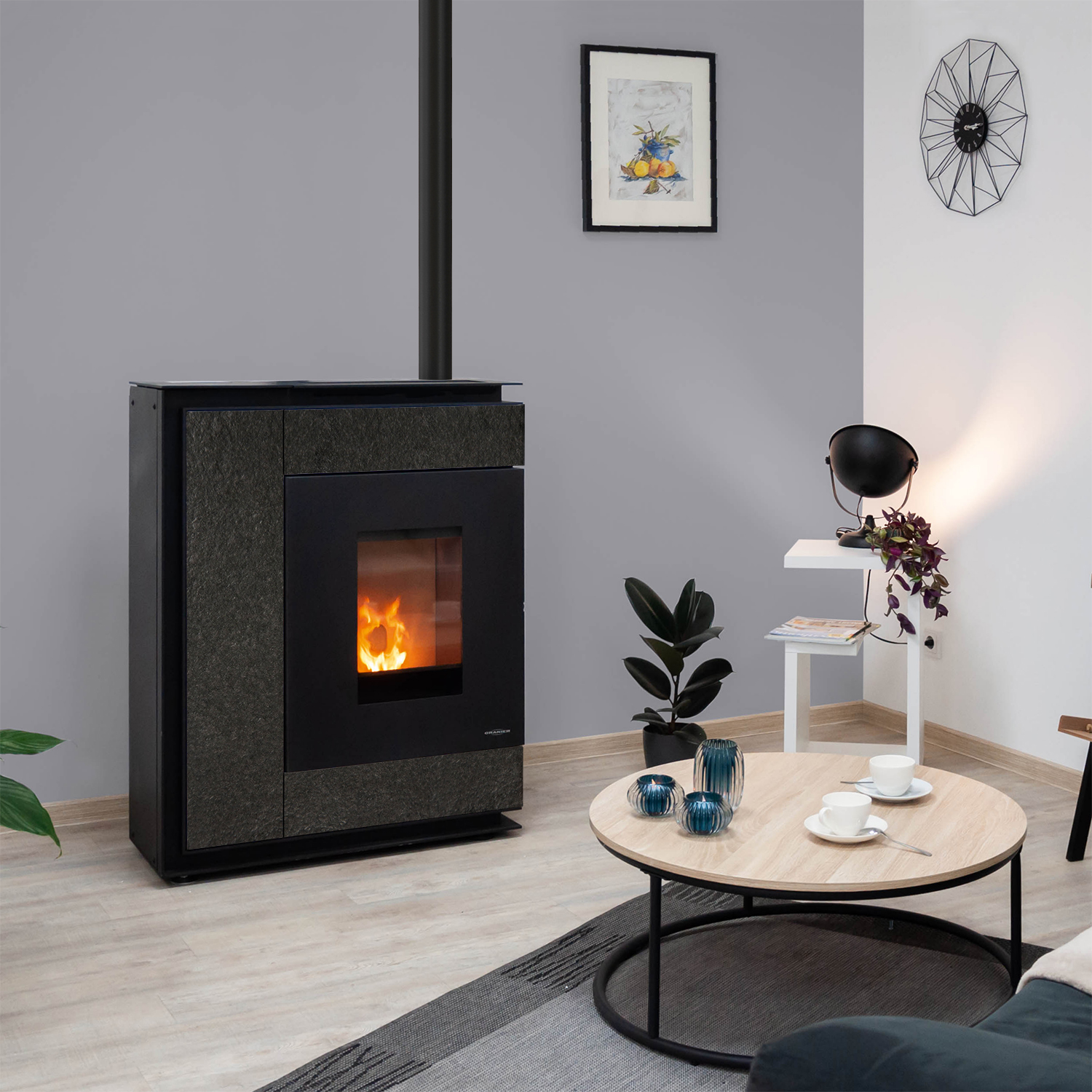 Oranier Boreas Aqua Wasserführender Pelletofen Sintered Stone Schiefer, Rauchabgang oben Oranier Boreas Aqua Wasserführender Pelletofen Sintered Stone Schiefer, Rauchabgang oben