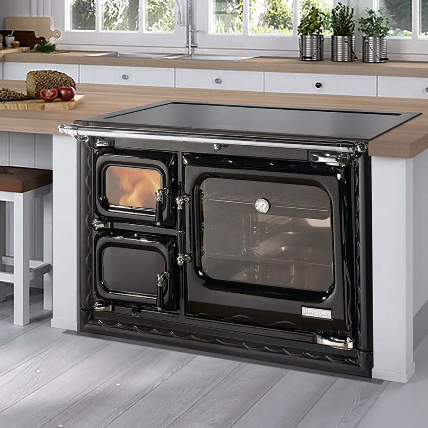 Hergom Deva 100 CC SE Isla wasserführender Küchenofen Gusseisen schwarz, Herdplatte Glaskeramik, RR hinten