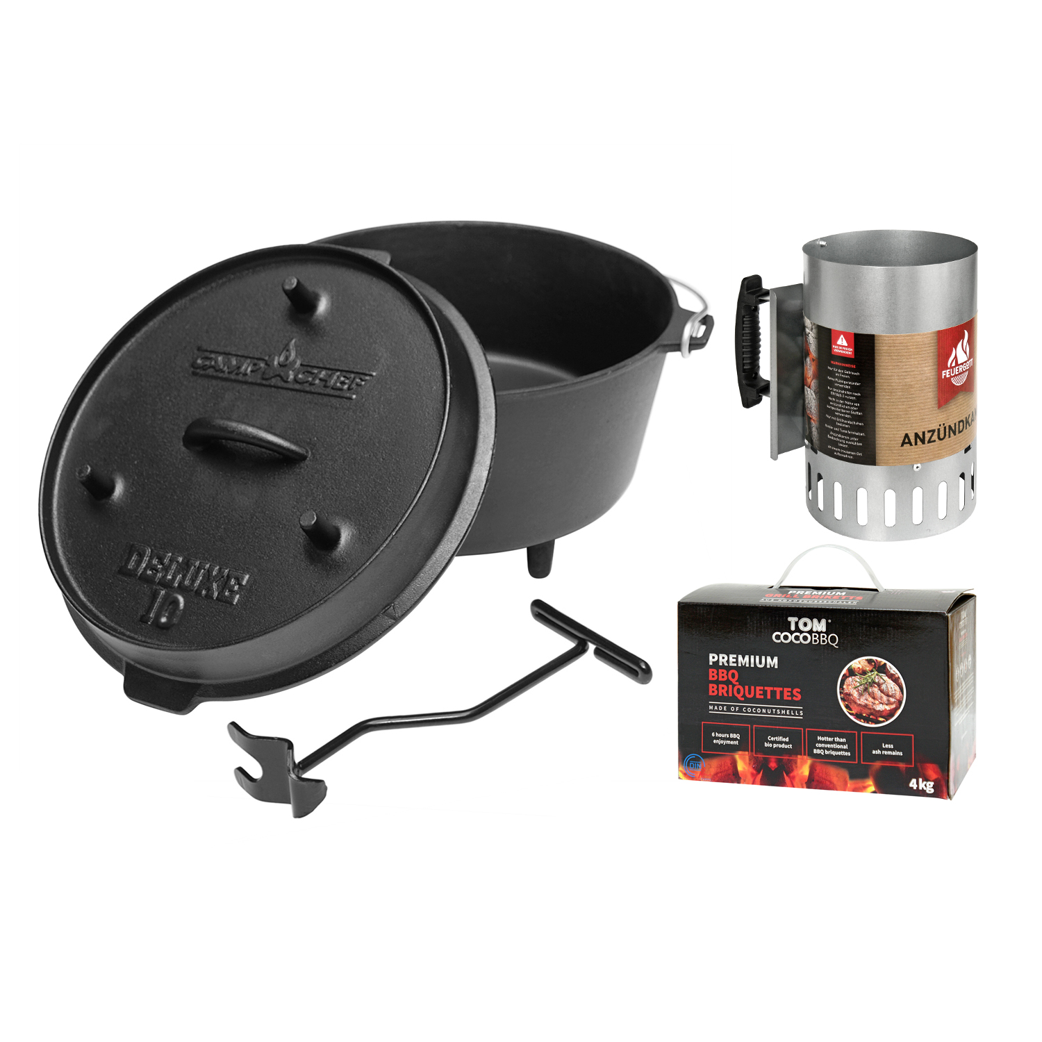 Camp Chef Deluxe Dutch Oven DO-10 mit 4 kg Tom Coco Grill-Kokoskohle Briketts und Feuergott Anzündkamin Camp Chef Deluxe Dutch Oven DO-10 mit 4 kg Tom Coco Grill-Kokoskohle Briketts und Feuergott Anzündkamin