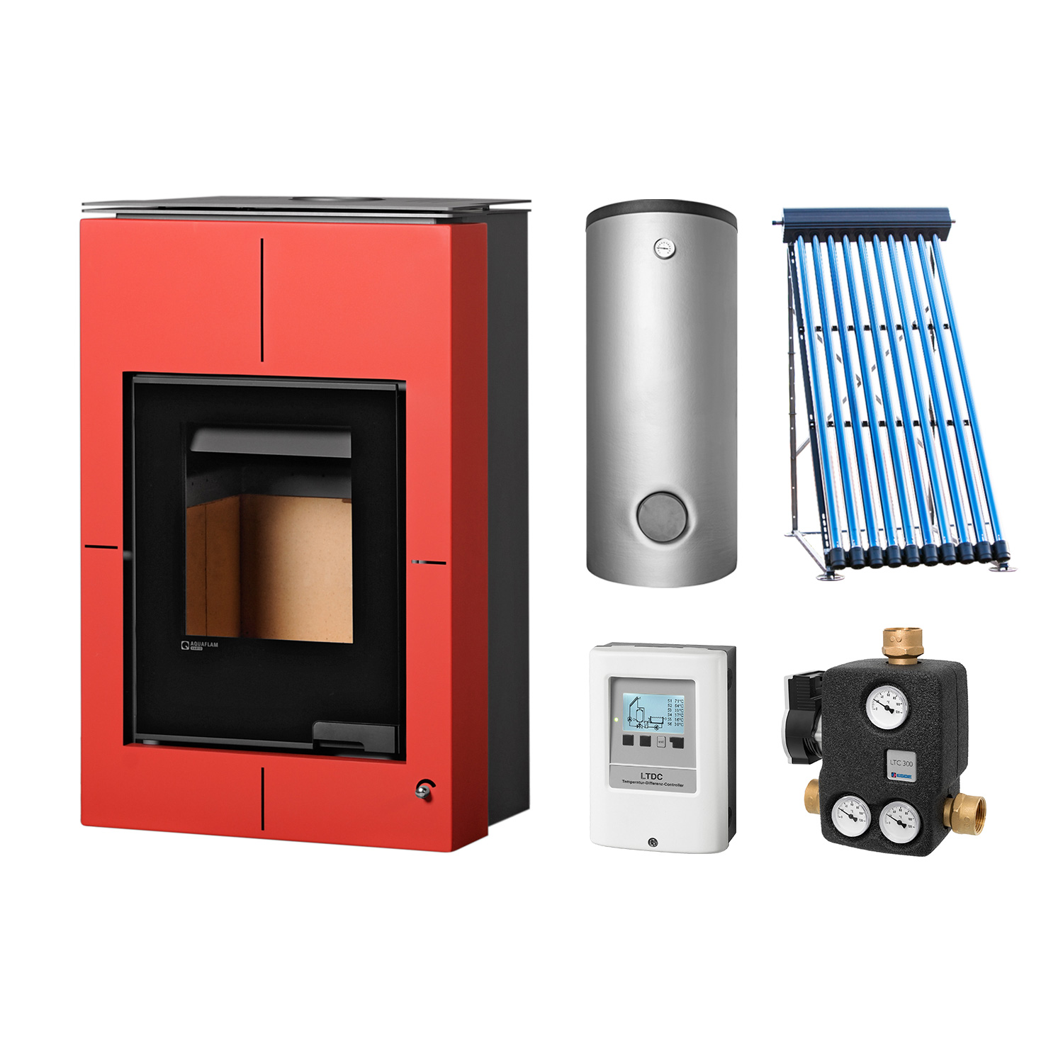 Aquaflam Vario Saporo Basic Red Set + Solarthermie-Set 2 (11 m²) + Kombispeicher THKE 600 + SWT