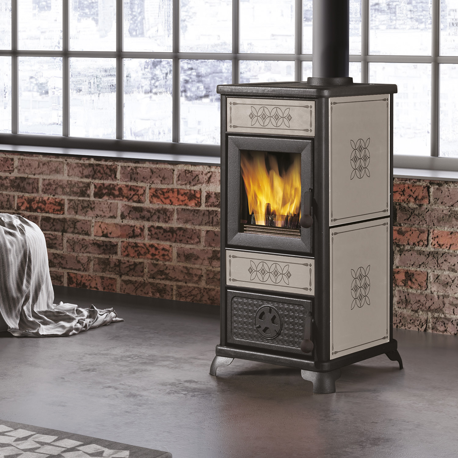 EK63 Decor Kaminofen Keramik taubengrau Rauchrohr oben