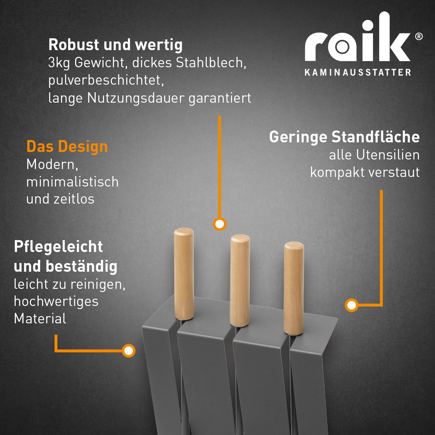 Raik Kaminbesteck Gustav, 3-teilig, Anthrazit, Holzgriffe , 60cm