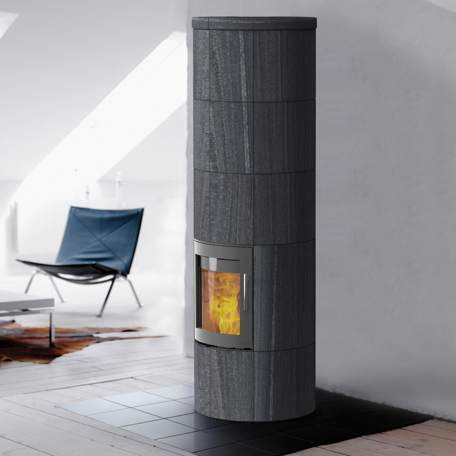 Lotus M3 Kaminofen Grau/ Indian Night, Rauchabgang hinten