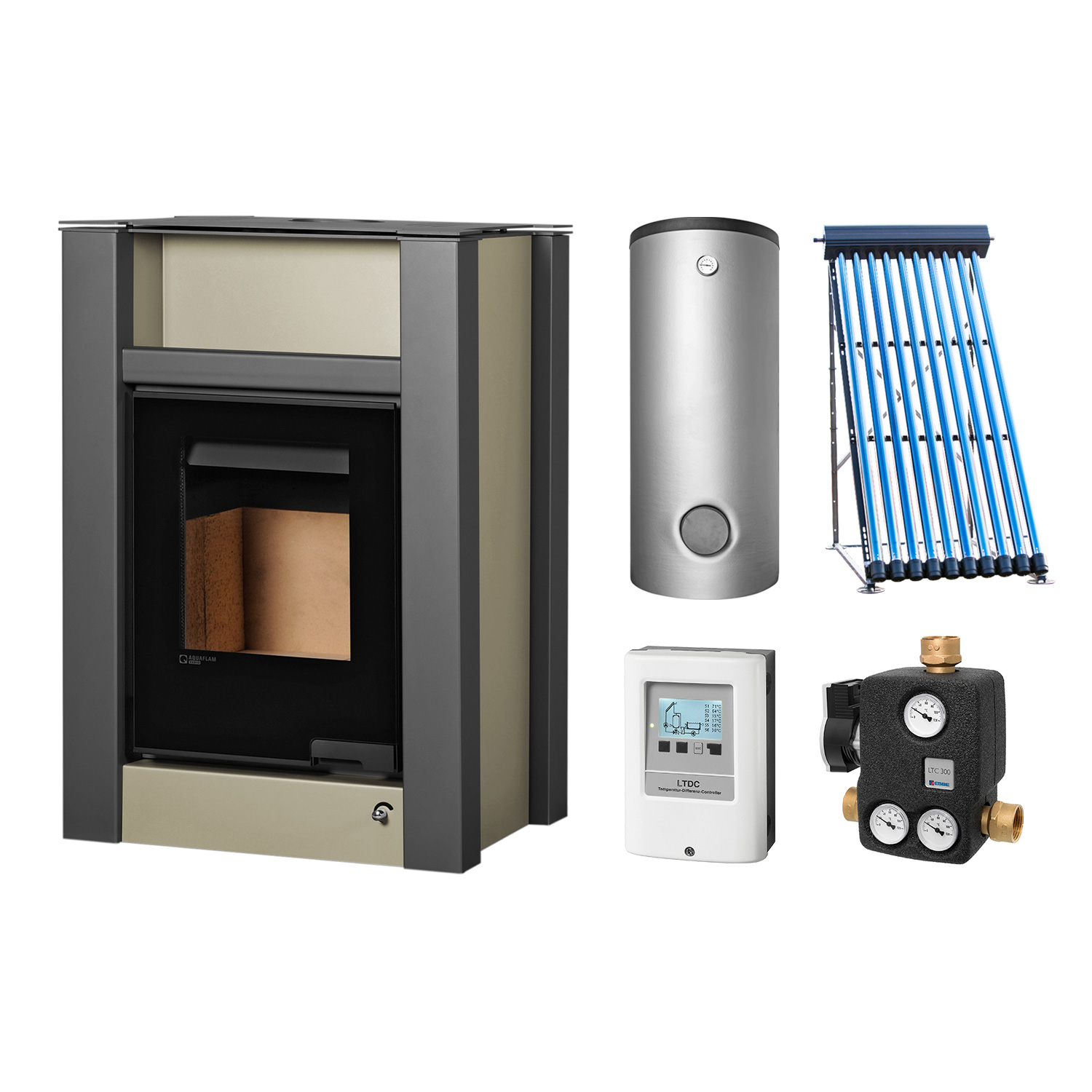 Aquaflam Vario Lend Basic Olive Set + Solarthermie-Set 2 (11 m²) + Kombispeicher THKE 600 + SWT