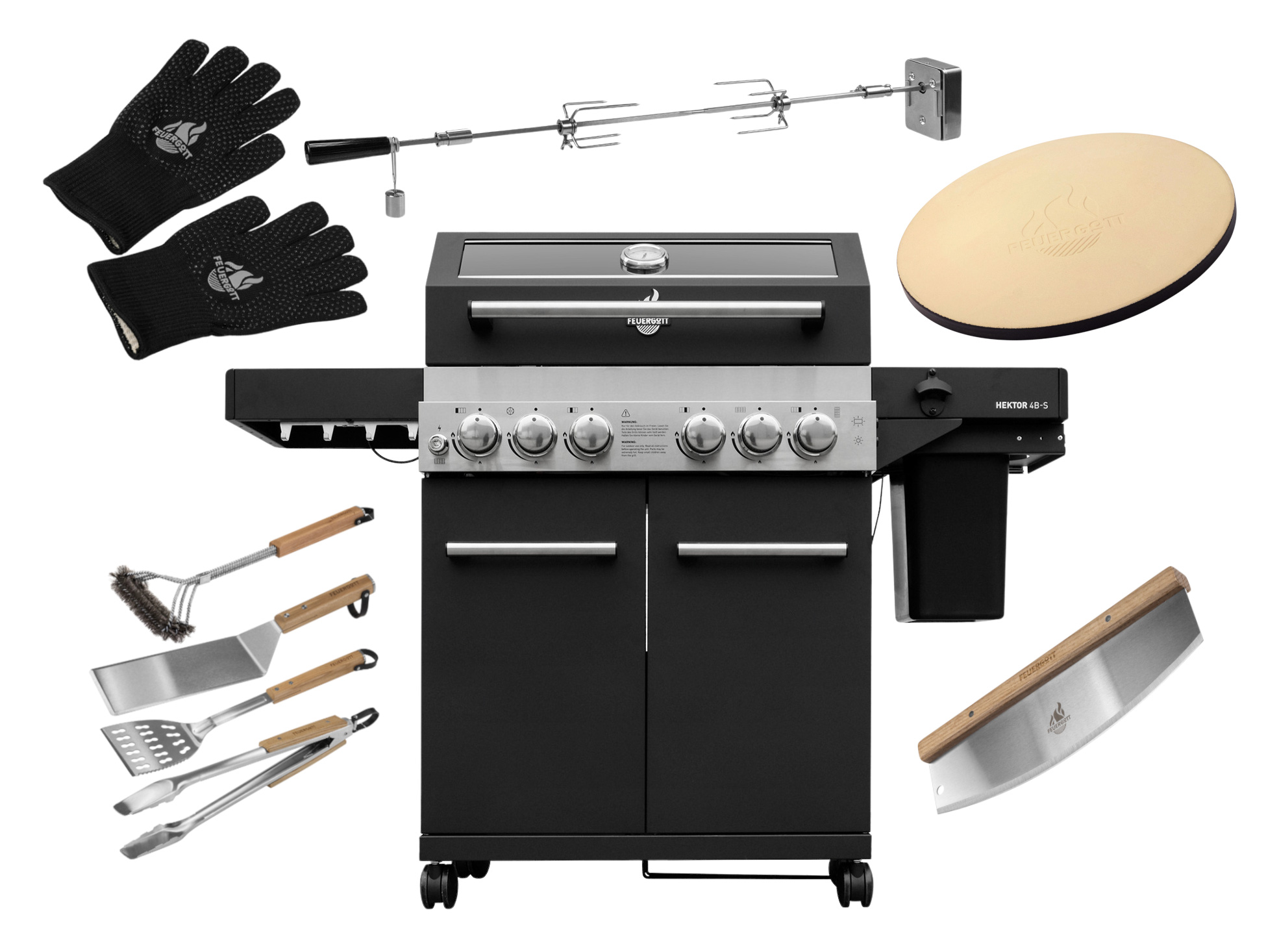 FEUERGOTT Gas-Grillstation Hektor 4B-S Pizza Set mit Abdeckhaube, Drehspieß, Pizzastein, Grillutensilien, Pizzaschneider, Infrarotbrenner, Heckbrenner, Seitenkocher