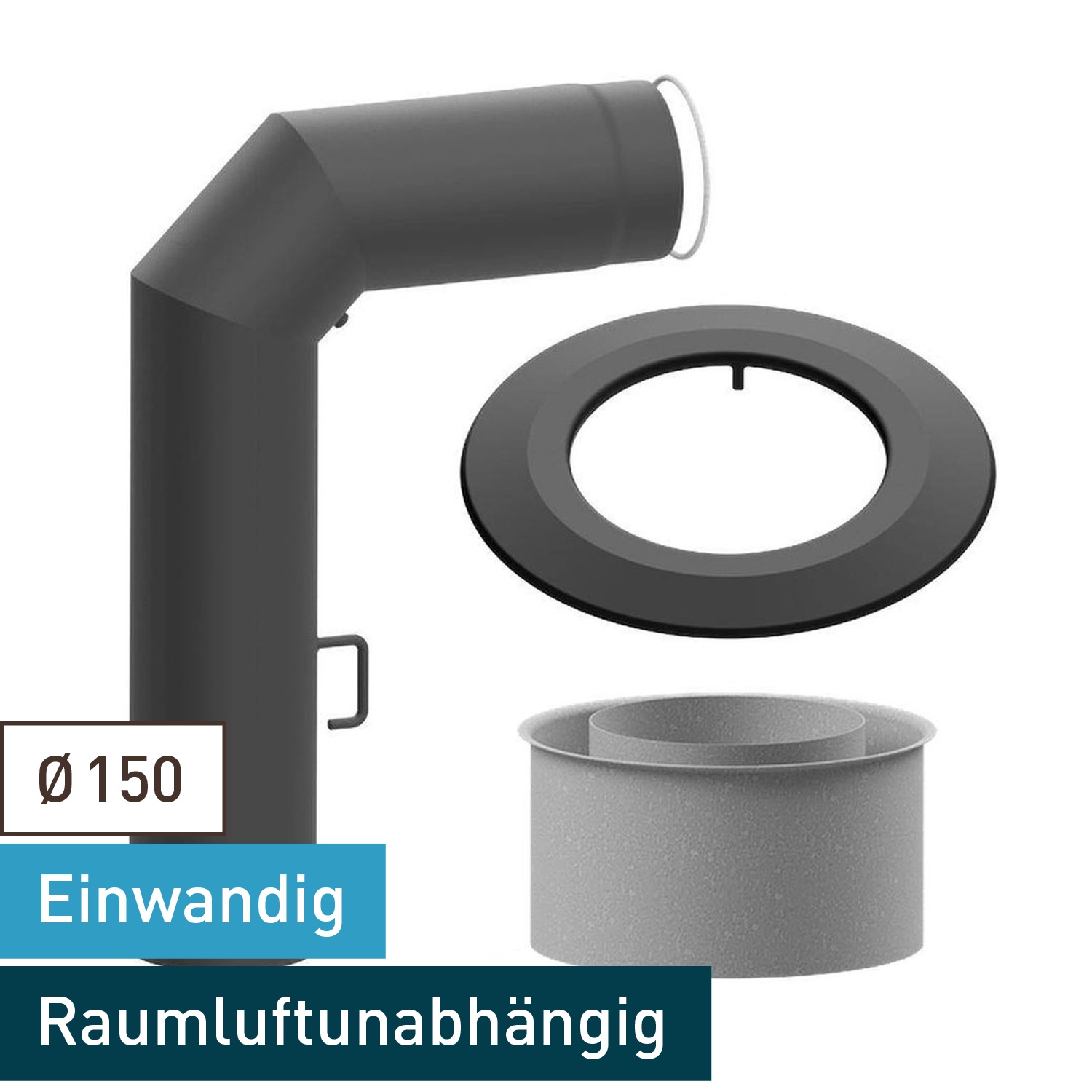Raik WBG Set Lifestyle Durchmesser 150/90° 2,00mm 3-tlg 700/450 mit eingelegter Tür, mit DKL mit Dichtung grau für Rauchrohr/ Ofenrohr