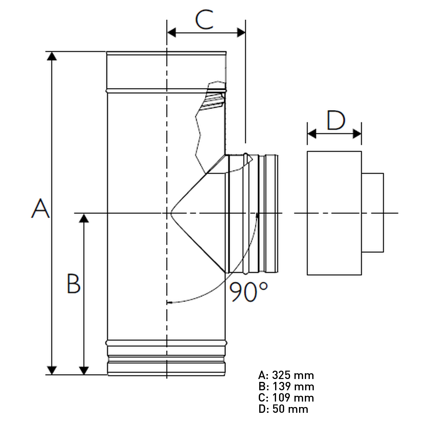 Schiedel PRIMA PLUS Inspektions T-Stück 90° H1 Ø150 mm einwandig matt