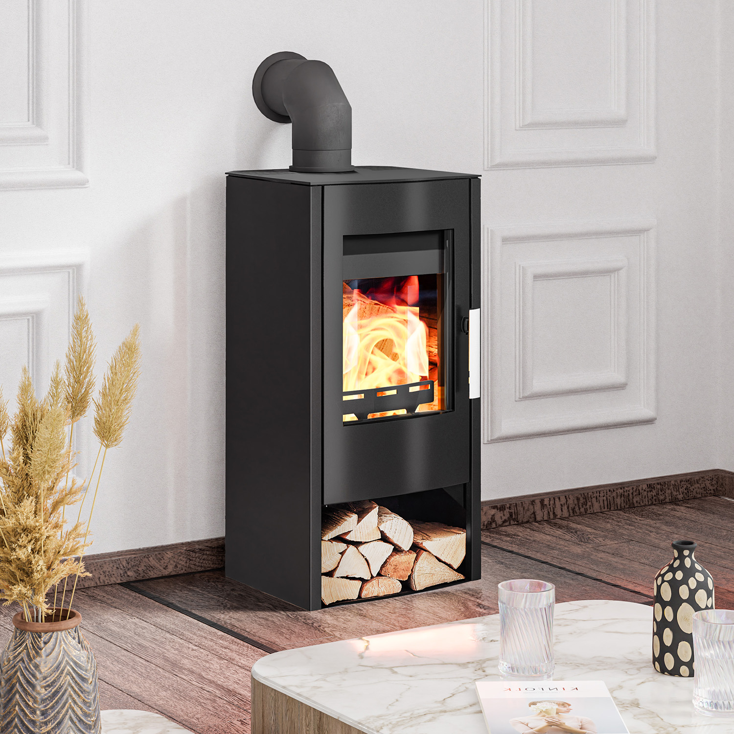 Haas+Sohn RUBUS easy Kaminofen Stahl mit Holzfach tief-schwarz