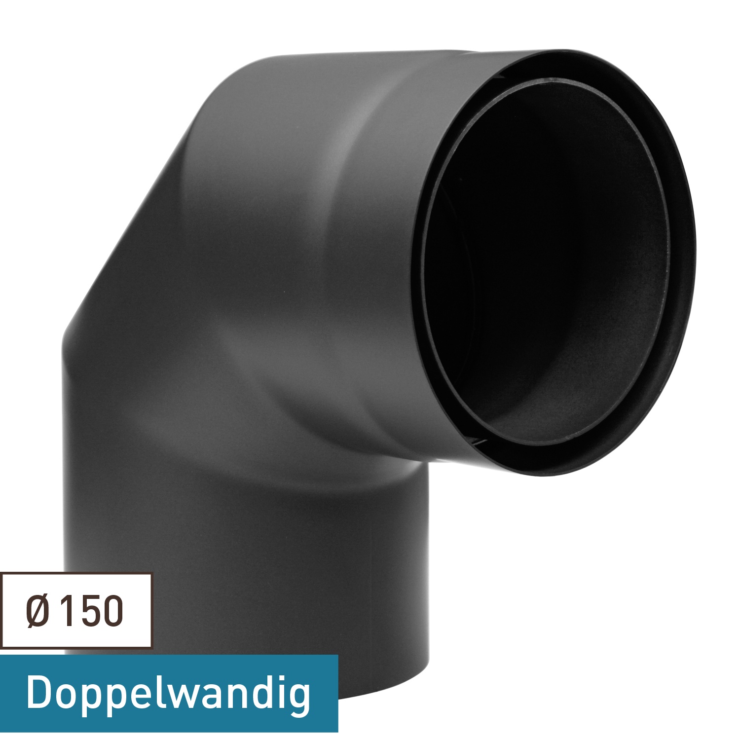 Raik Izoker Rauchrohrbogen 150mm schwarz doppelwandig 90° ohne Tür für Rauchrohr / Ofenrohr