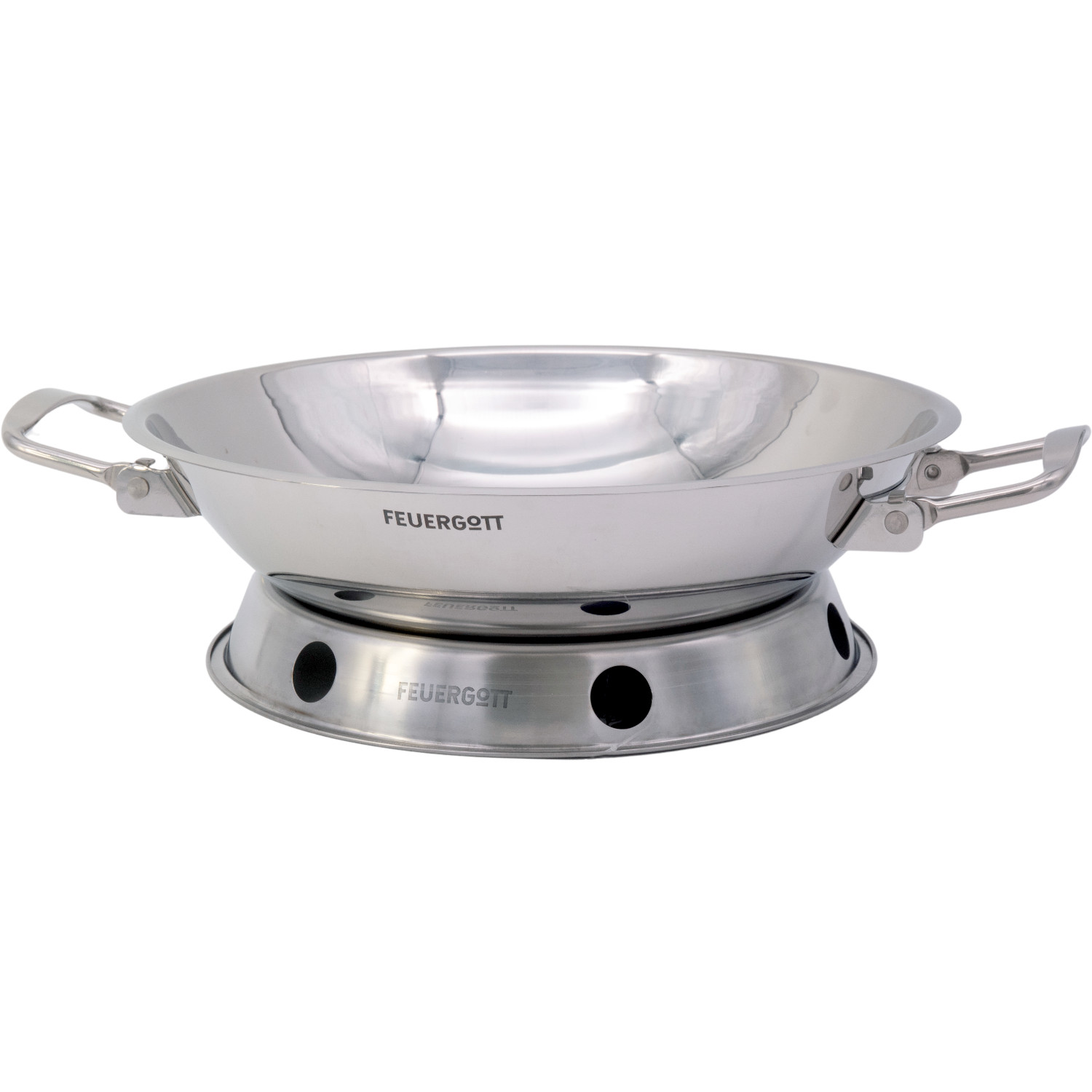 Feuergott Wok Set Edelstahl mit Wokring und Anzündkamin