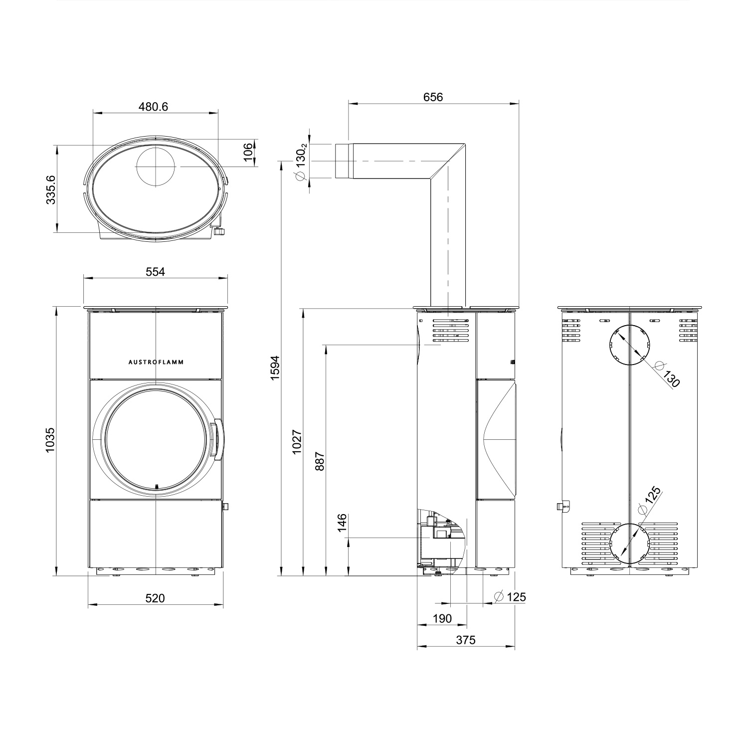 Austroflamm Clou compact Cook Kaminofen Stahl gussgrau, RR oben