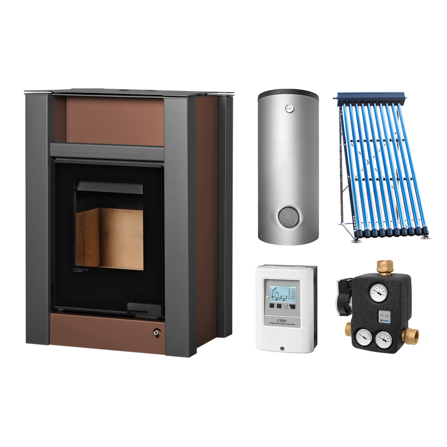 Aquaflam Vario Lend Basic Brown Set + Solarthermie-Set 2 (11 m²) + Kombispeicher THKE 600 + SWT