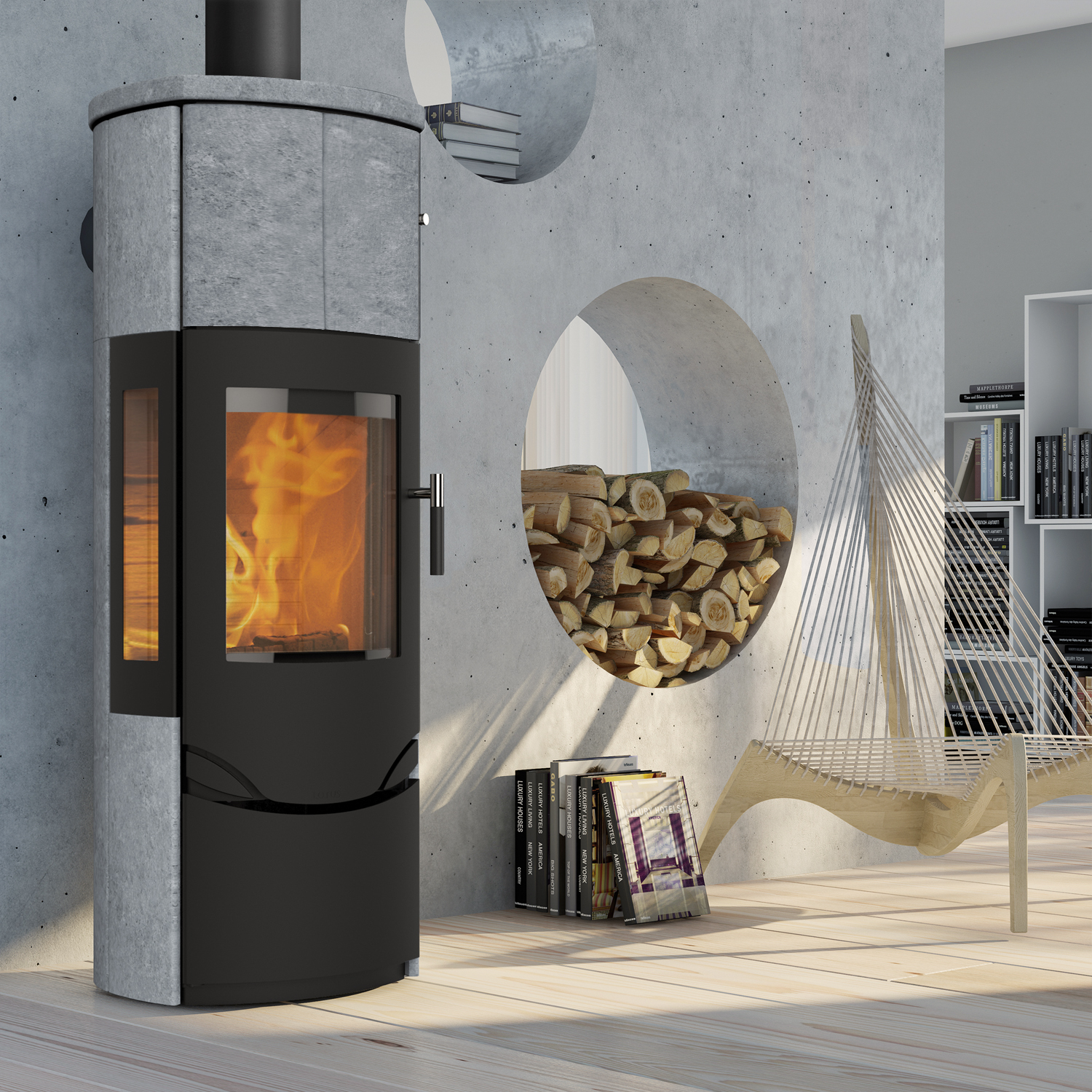 Lotus Prio M Kaminofen Schwarz / Speckstein / Seitenglas, inkl. PowerStones, RR hinten od. RR oben