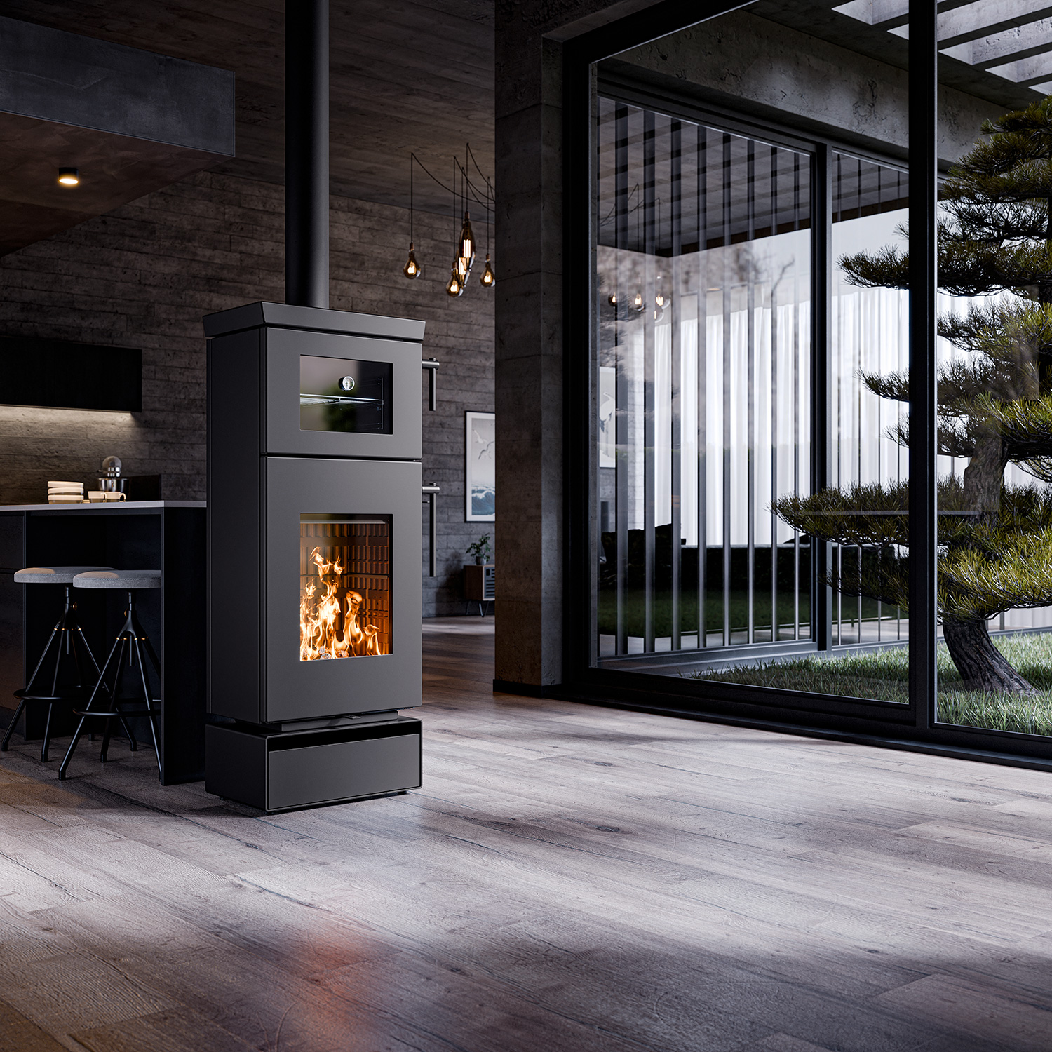 Thermorossi Kaminofen Zen O Evo6 mit Backfach und Holzfach Matt Schwarz