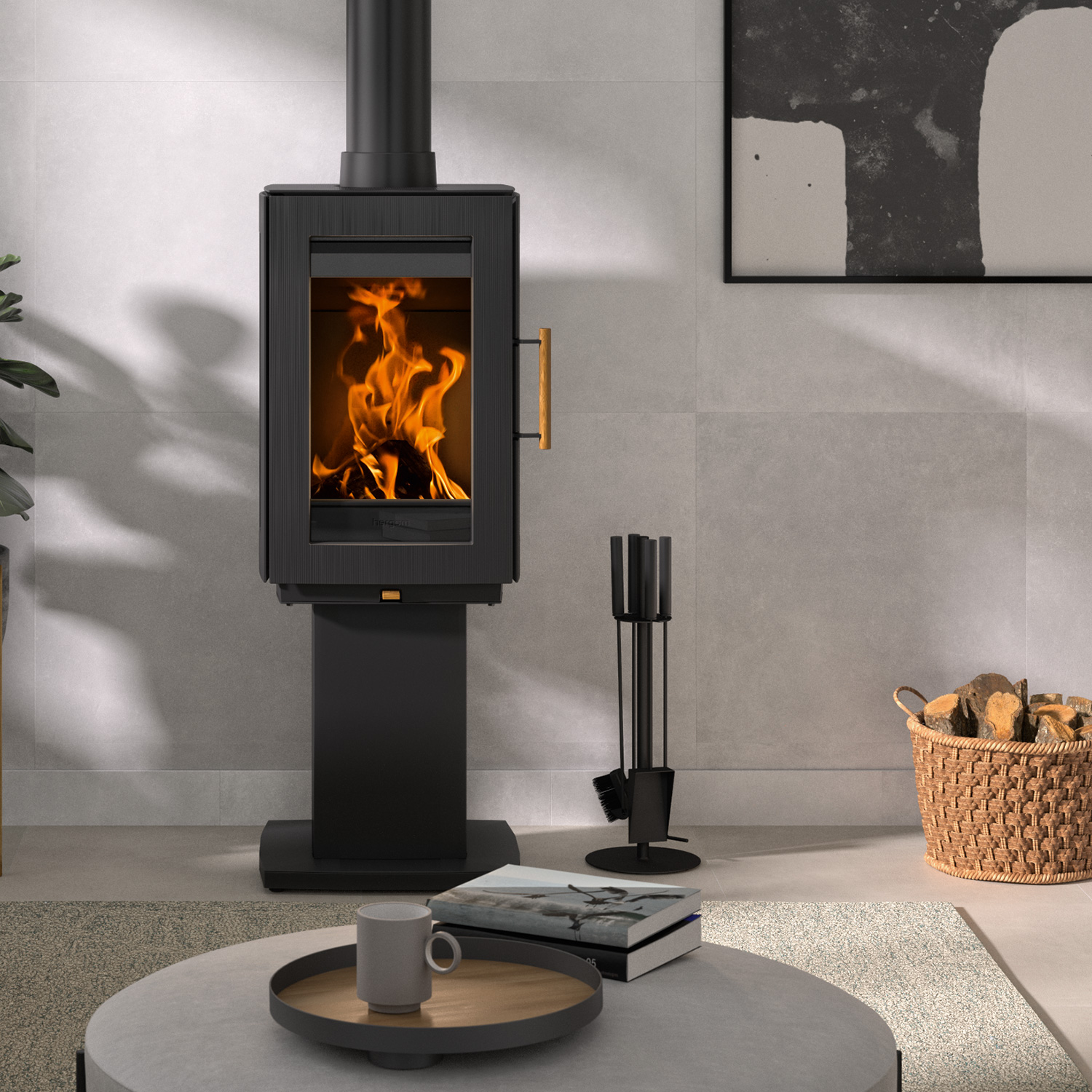 Hergom Glow Kaminofen Gusseisen Schwarz mit Standfuß
