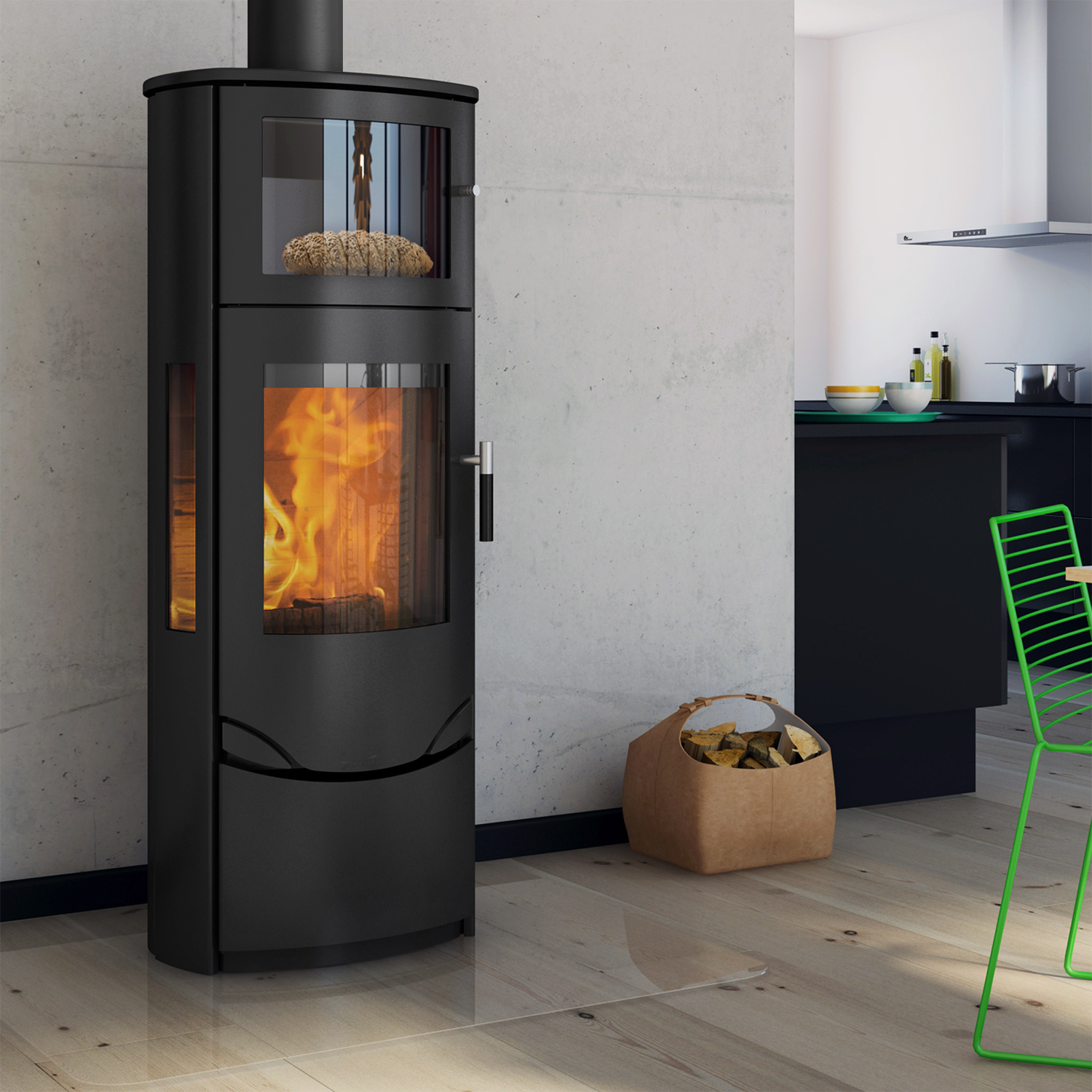 Lotus Prio 7 Kaminofen Stahl Schwarz mit Backfach / Seitenglas , RR hinten od. RR oben