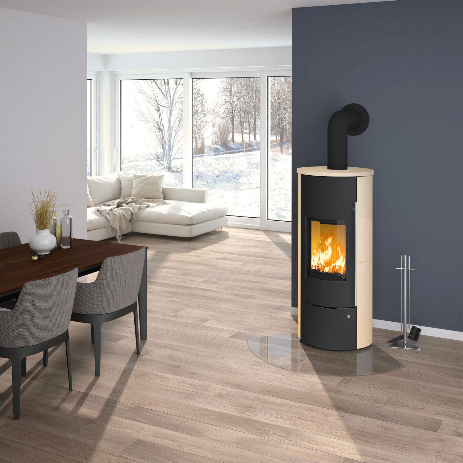 Olsberg Tolima Aqua II Compact Wasserführender Kaminofen Stahl Schwarz | Keramikverkleidung Ahorn