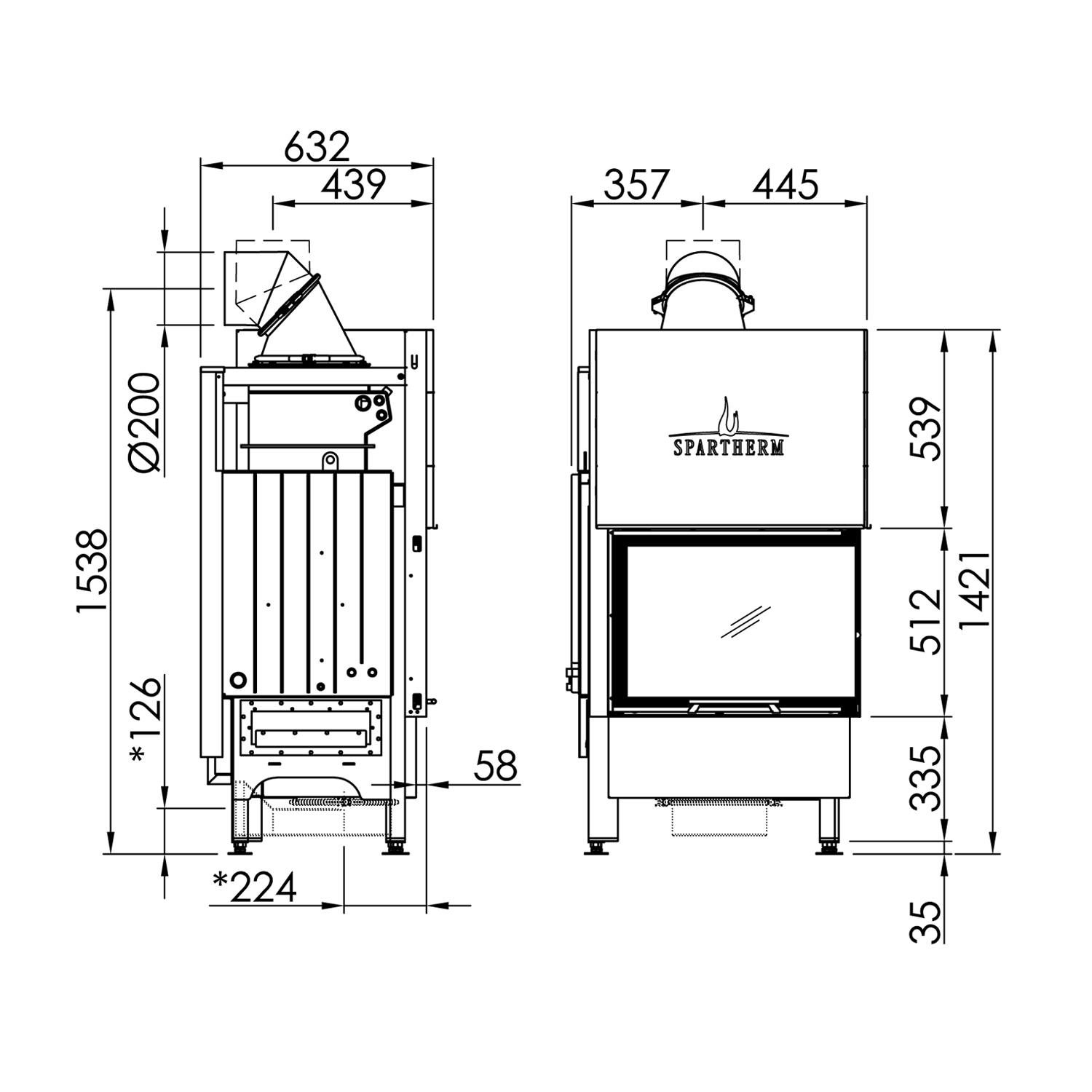 Spartherm Varia 2Rh H2O Kamineinsatz wasserführend Eck