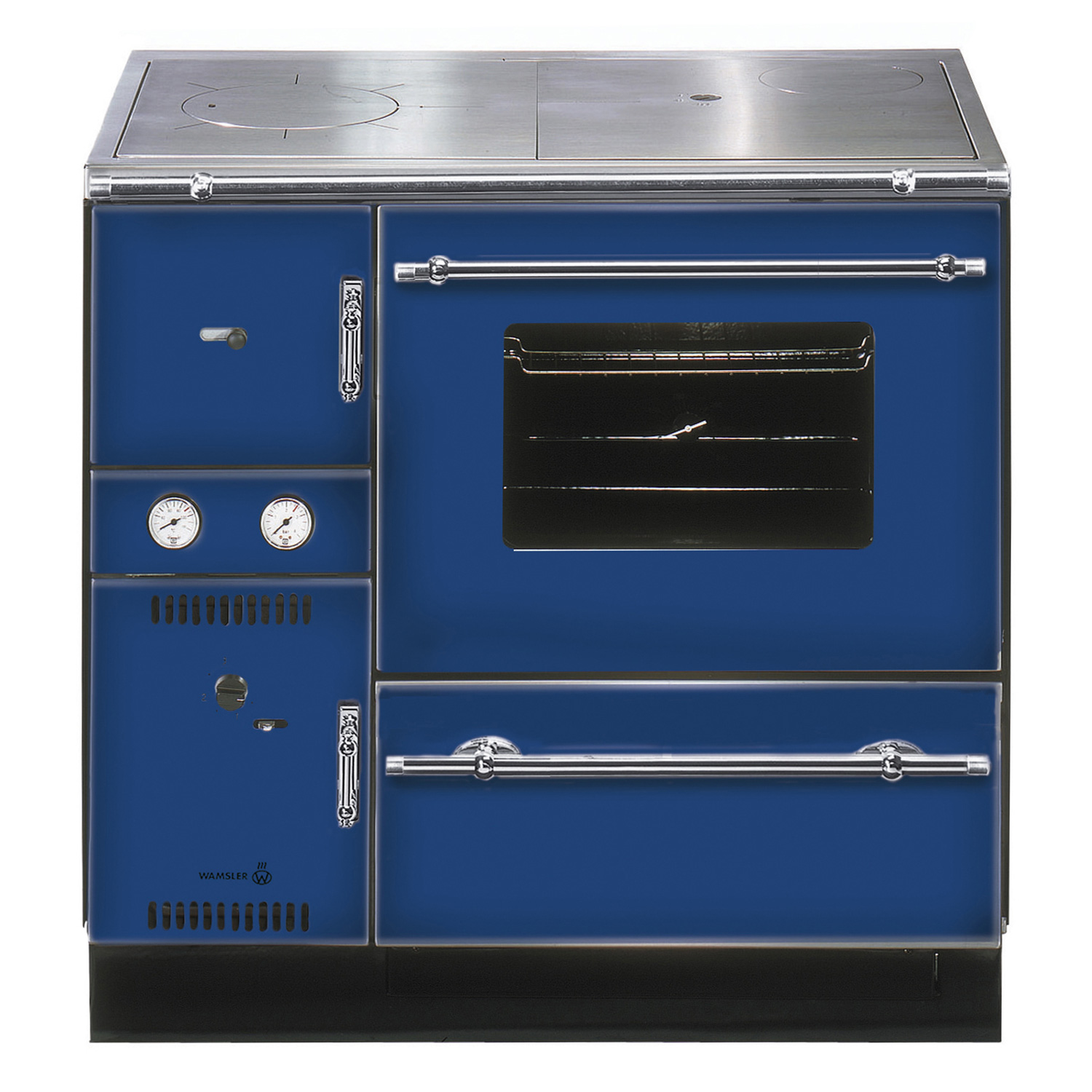 Wamsler K 148 CL Küchenofen wasserführend Blau / Chrom, Rauchrohr rechts