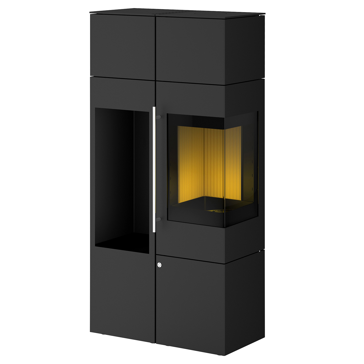 Olsberg Ipala Smart Compact Kaminofen Stahl schwarz, Türanschlag rechts, Stahltür mit Speicheraufsatz und Holzregal links