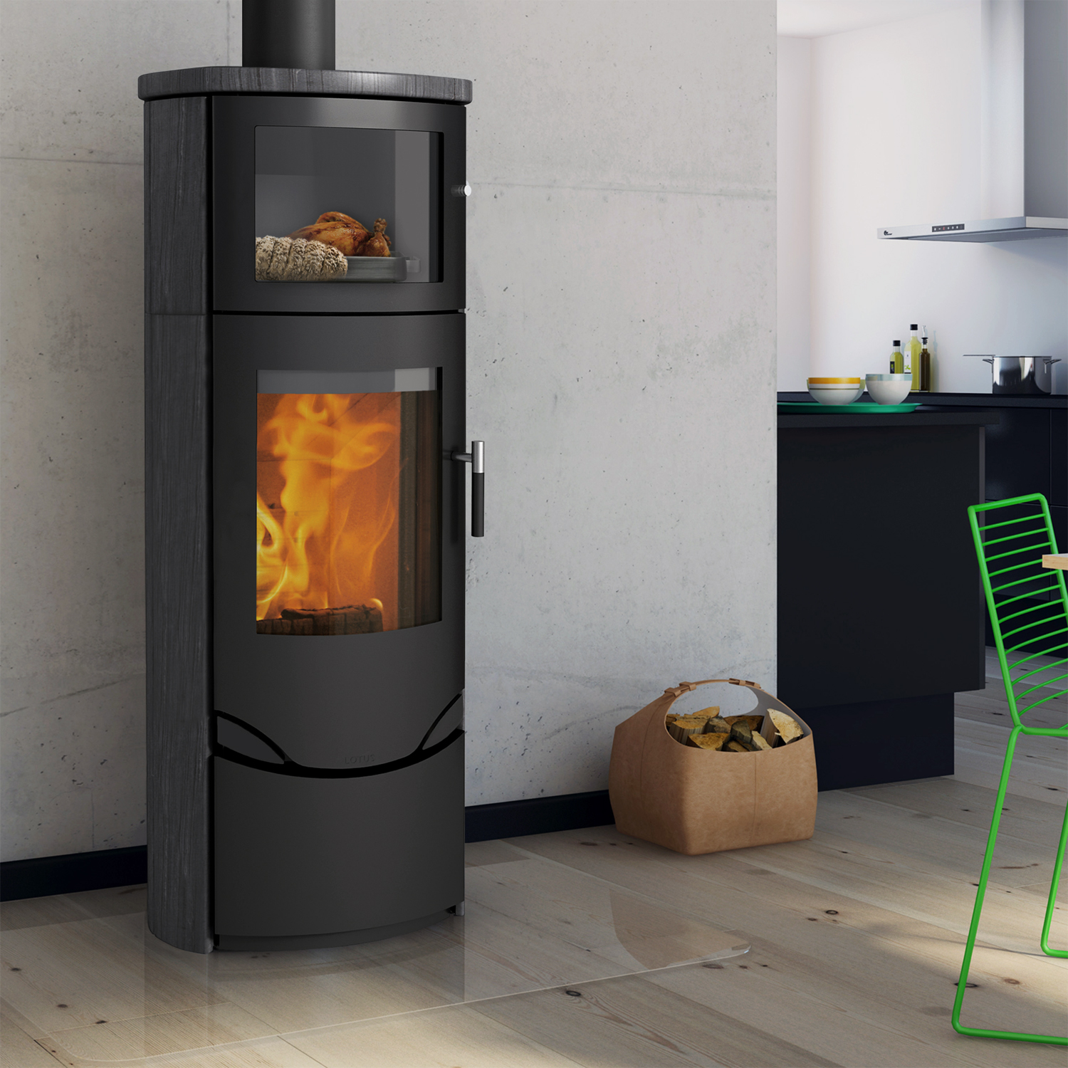 Lotus Prio 7M Kaminofen Schwarz/ Indian Night, Rauchabgang oben