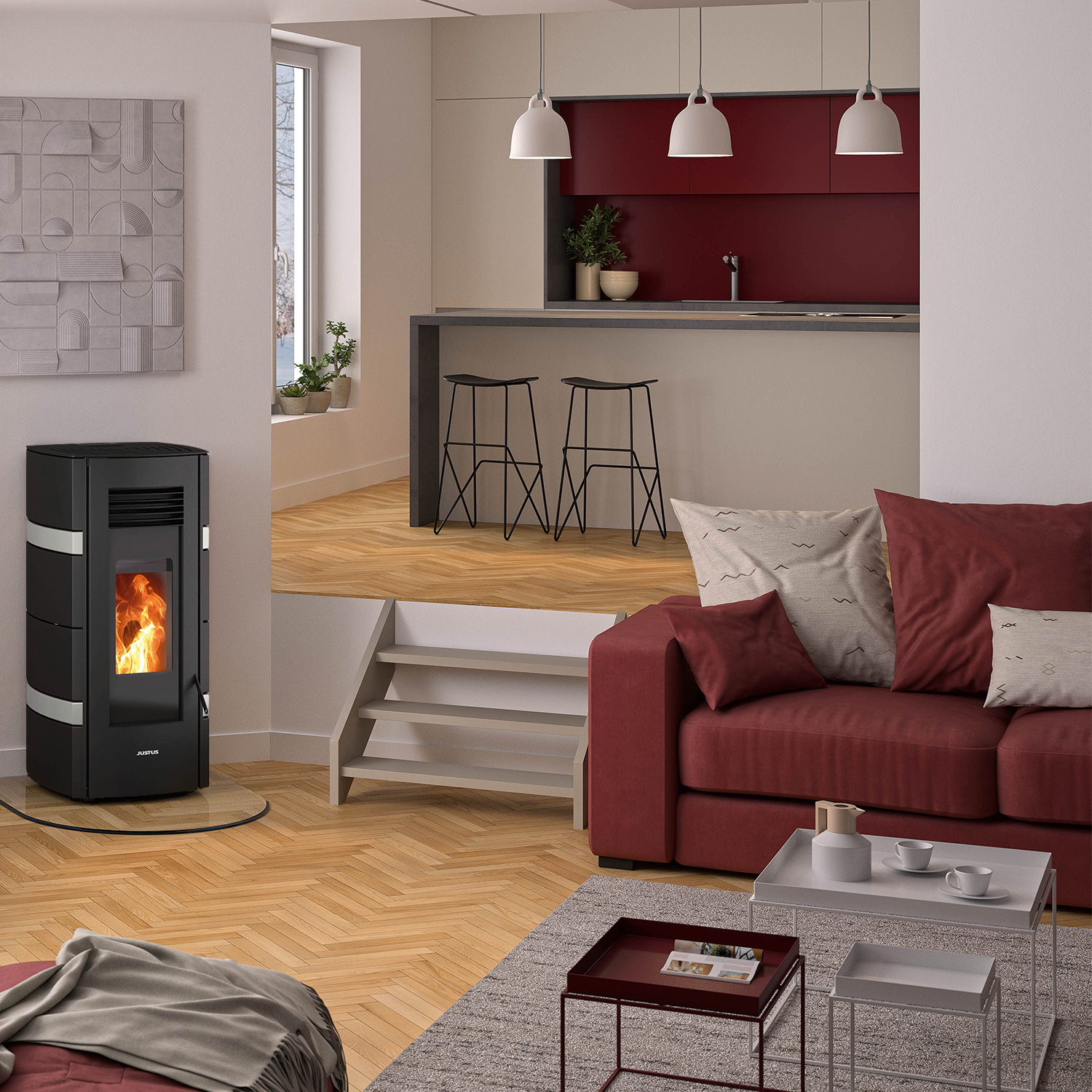 Justus Sia Pelletofen Stahl Schwarz / conStone Betongrau