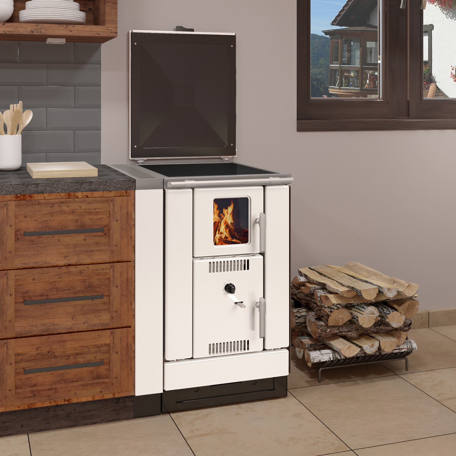 Wamsler K 158 F wasserführender Küchenherd Emailliert weiß/ matt, Ceranfeld