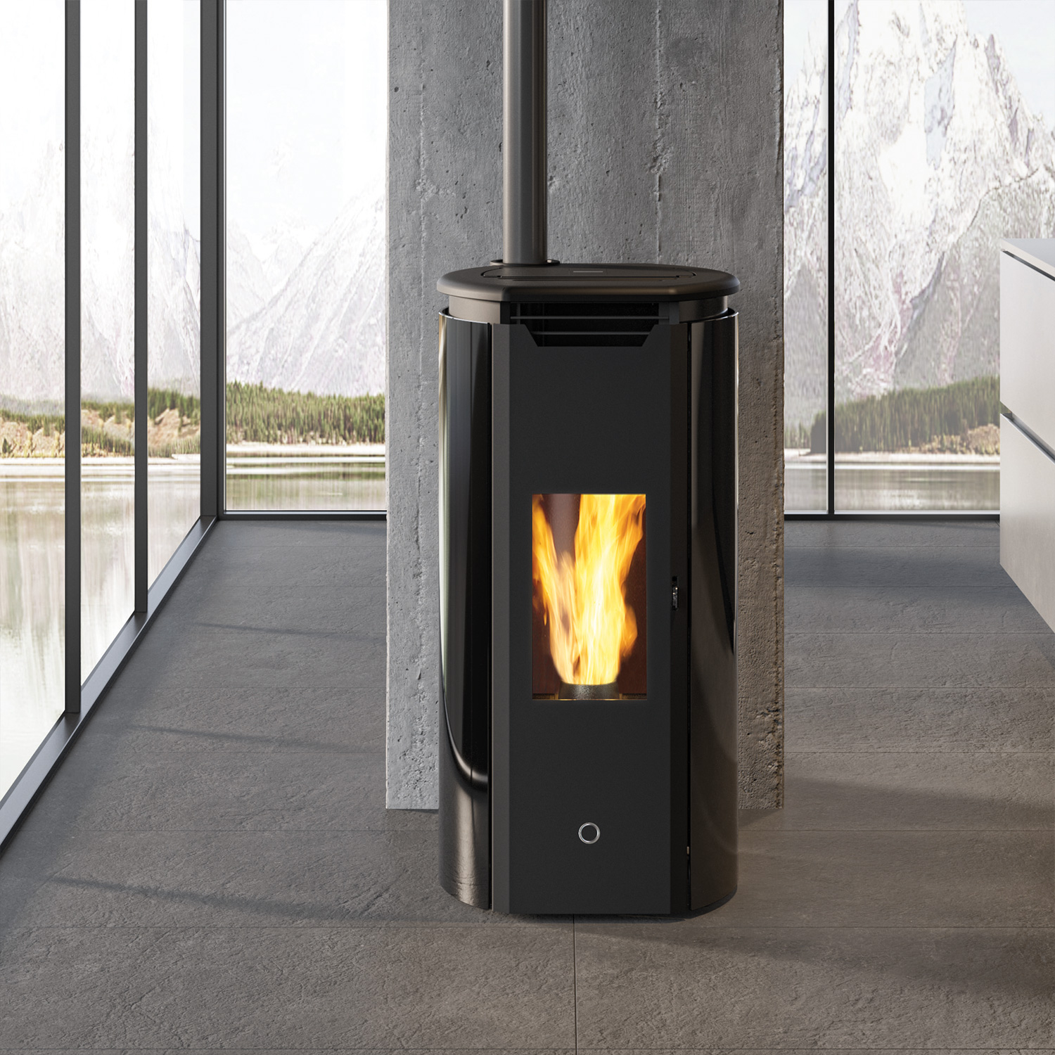 EK63 Tweed90+ Pelletofen Glas Schwarz Rauchrohr oben