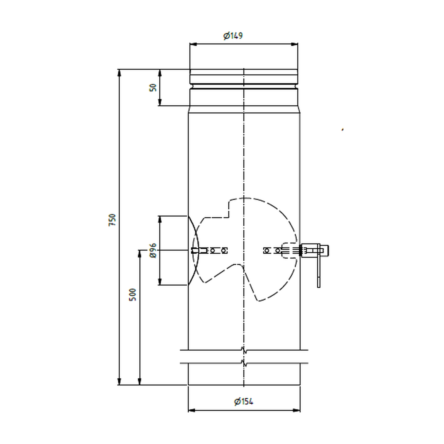 Raik Rohr LS Durchmesser 150x750x2,00mm eingezogen mit eingelegter Tür mit Drosselklappe schwarz