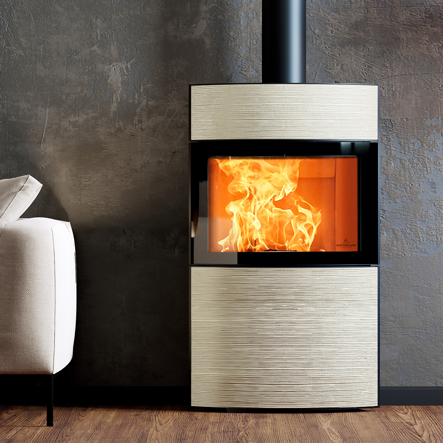 Austroflamm Fynn Xtra 2.0 Kaminofen Stahl schwarz / Keramik Rille Mondstein