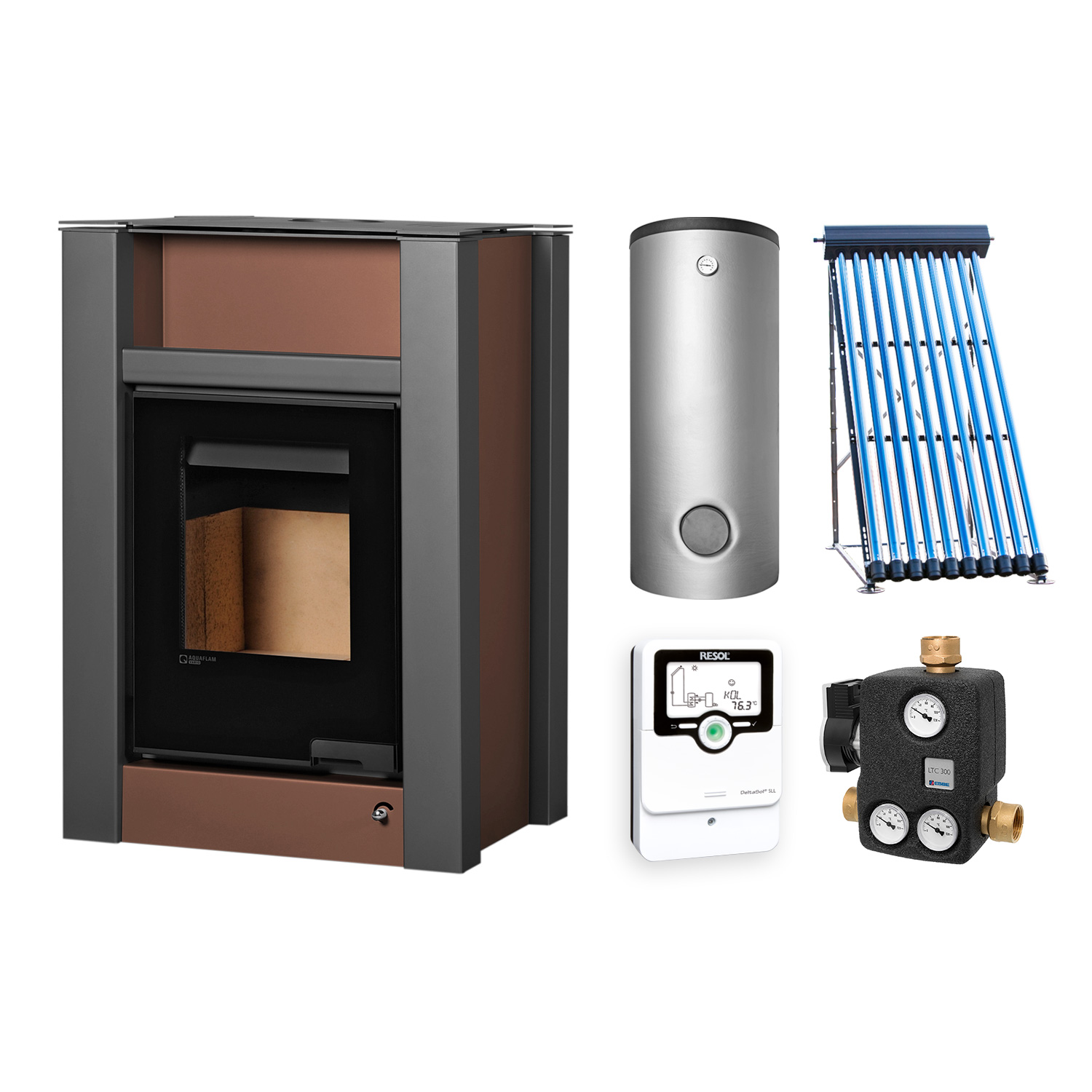 Kaminofen Aquaflam Vario Lend Brown 11 kW Set + Kombispeicher 600l + 2 SWT + Solarthermie-Set 3 (9 m²)