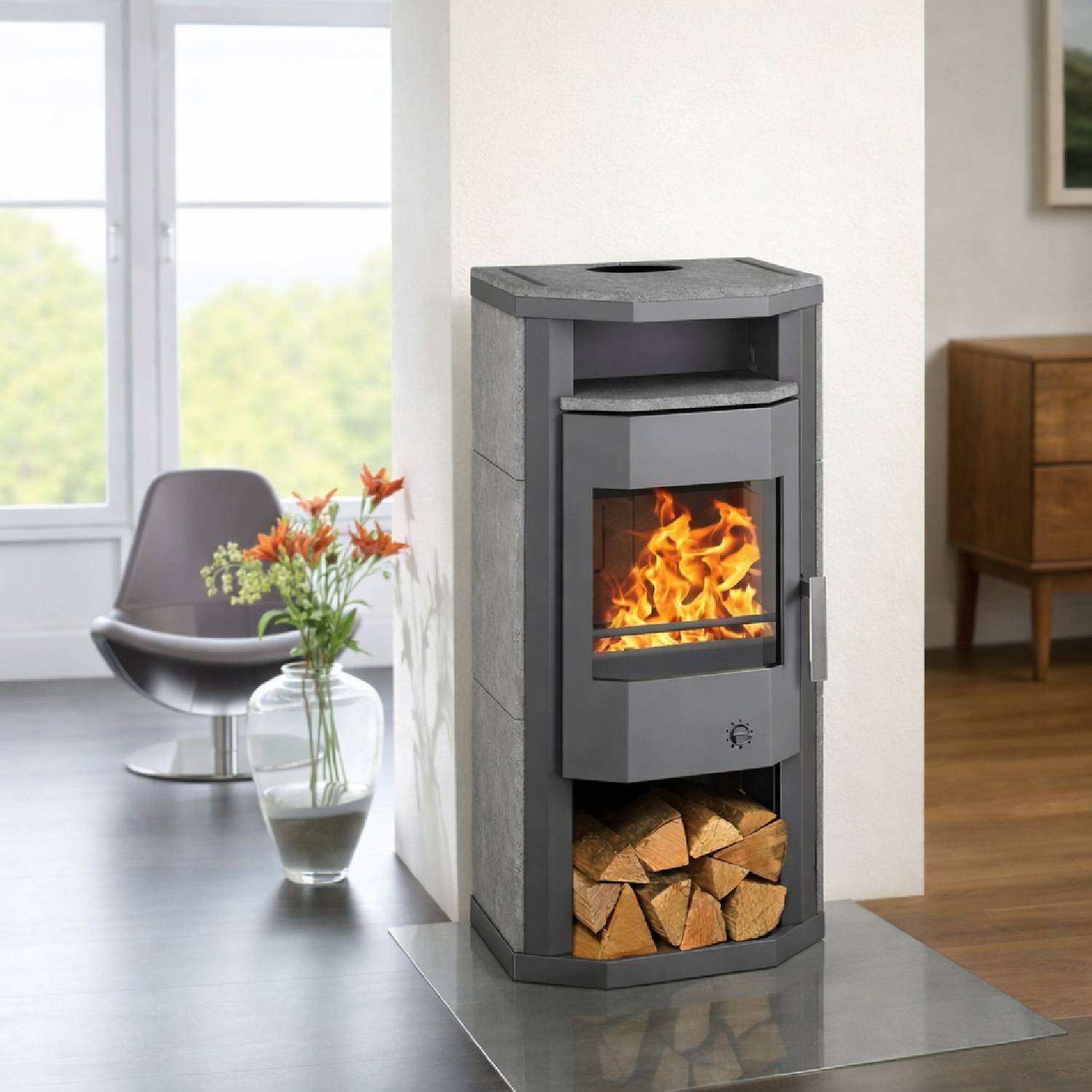 Wamsler Kaminofen Thyra Naturstein grau mit Dauerbrand/Automatik