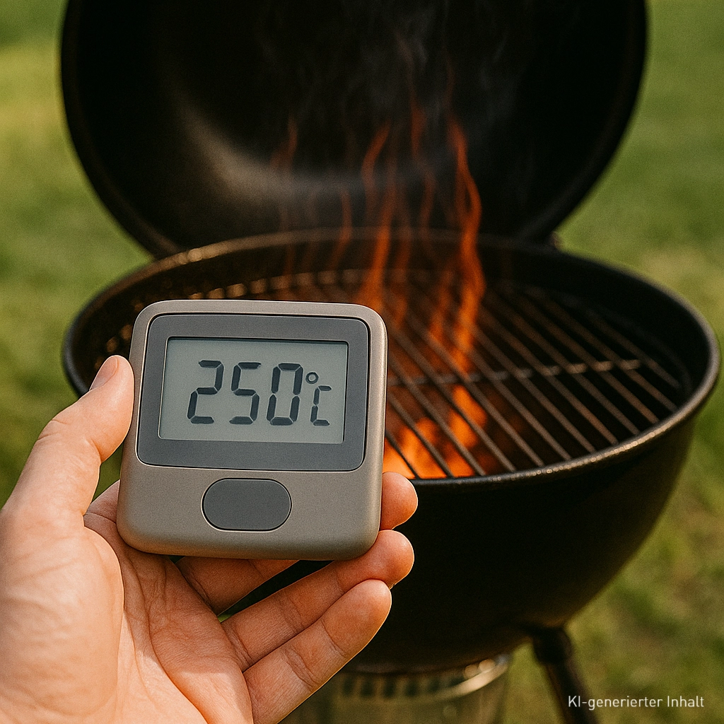 offener-kugelgrill-mit-flammen,-davor-eine-digitale-temperaturanzeige,-die-250-°c-anzeigt.