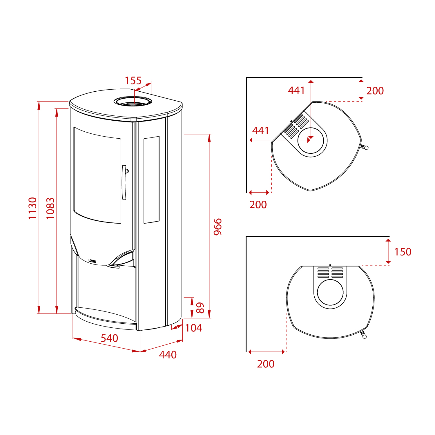 Lotus Prio 6 Kaminofen Schwarz/ Indian Night, Rauchabgang hinten Lotus Prio 6 Kaminofen Schwarz/ Indian Night, Rauchabgang hinten