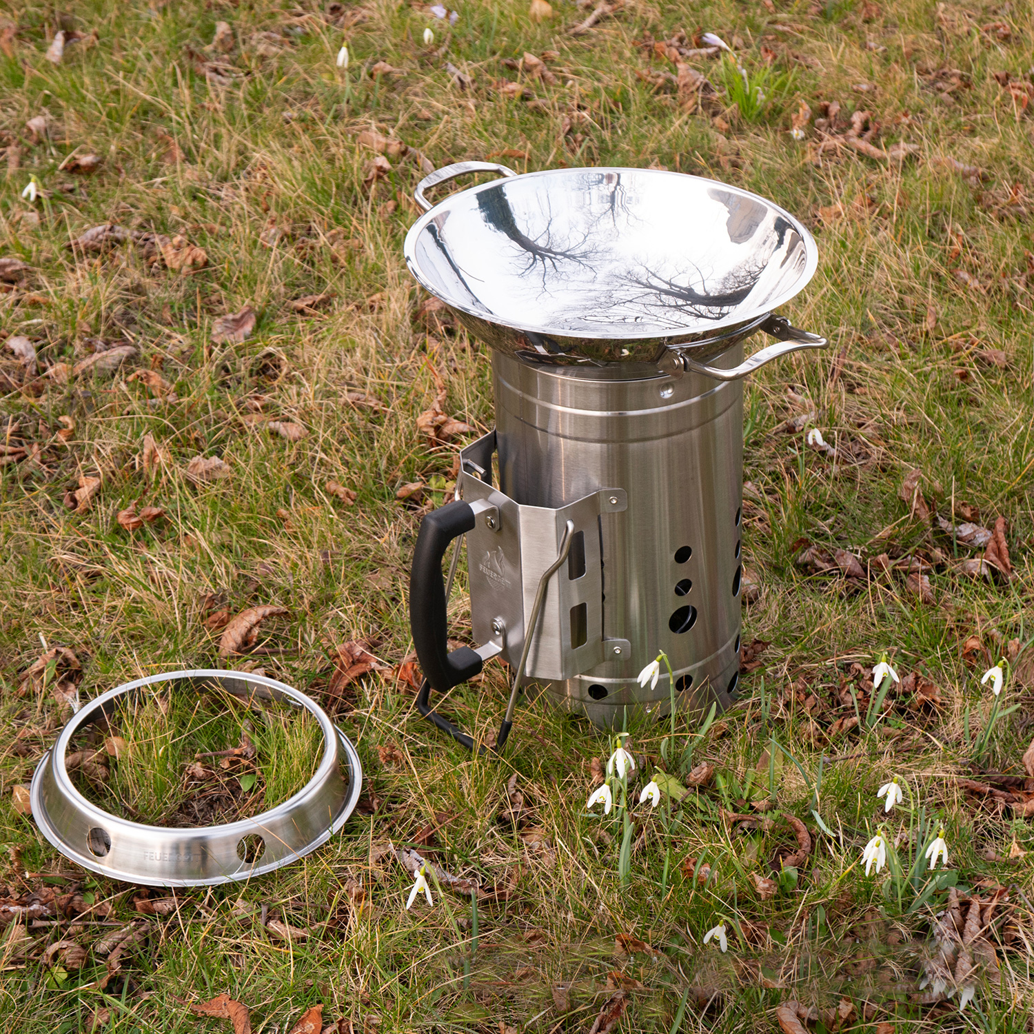 Feuergott Wok Set Edelstahl mit Wokring und Anzündkamin