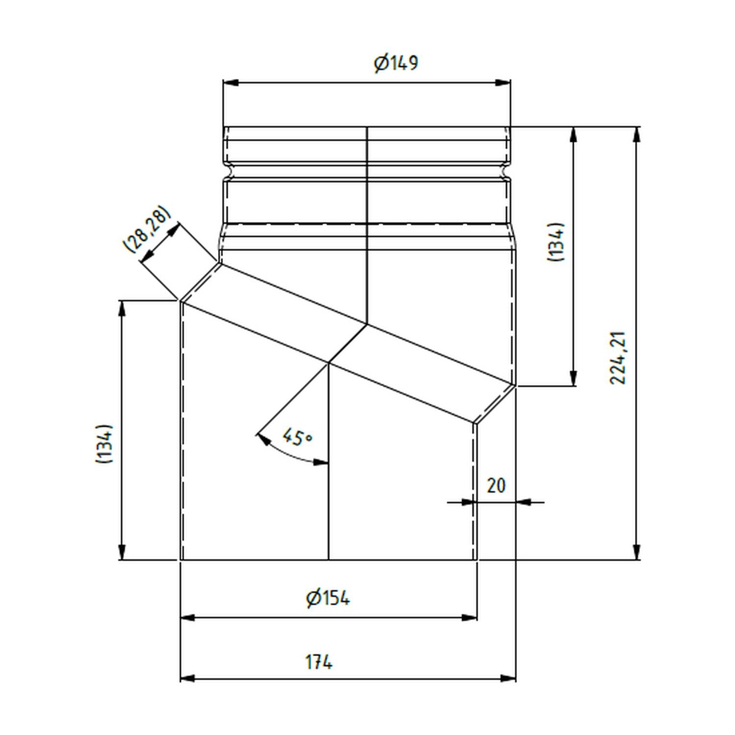 Raik Lifestyle Versatzbogen Durchmesser 150x224x2,00mm eingezogen V=20mm mit Dichtung schwarz für Rauchrohr/ Ofenrohr